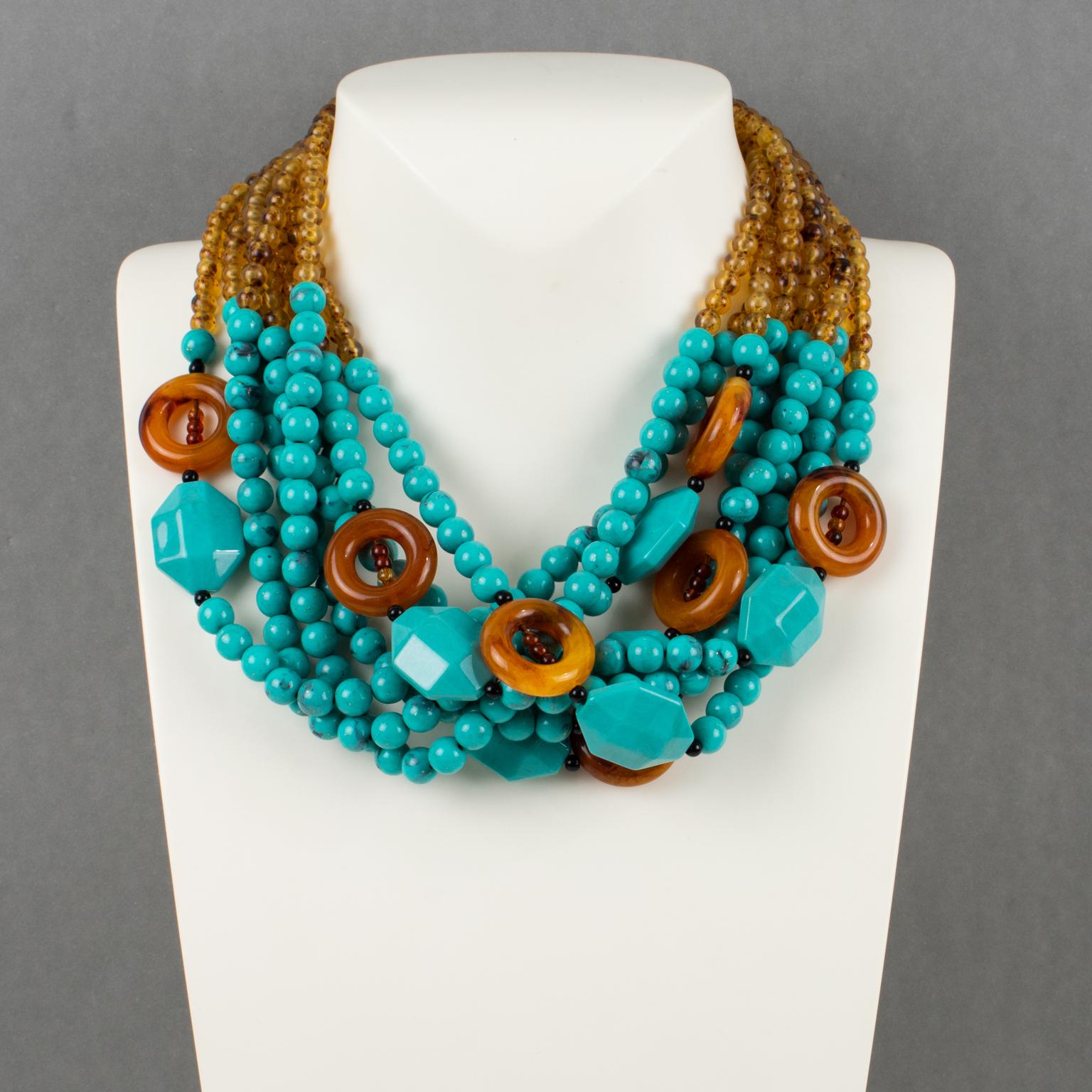 Modern Angela Caputi Resin Choker Necklace Turquoise and Brown Multi-Strand For Sale