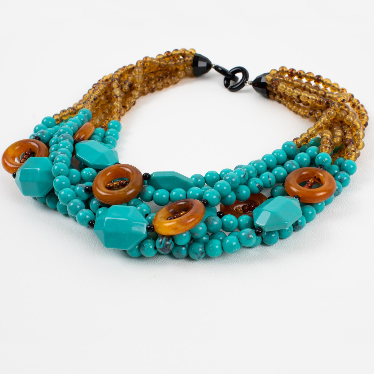 Angela Caputi Resin Choker Necklace Turquoise and Brown Multi-Strand In Excellent Condition For Sale In Atlanta, GA