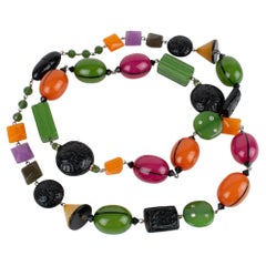 Angela Caputi Resin Long Necklace Multicolor Carved and Shaped Beaded Design