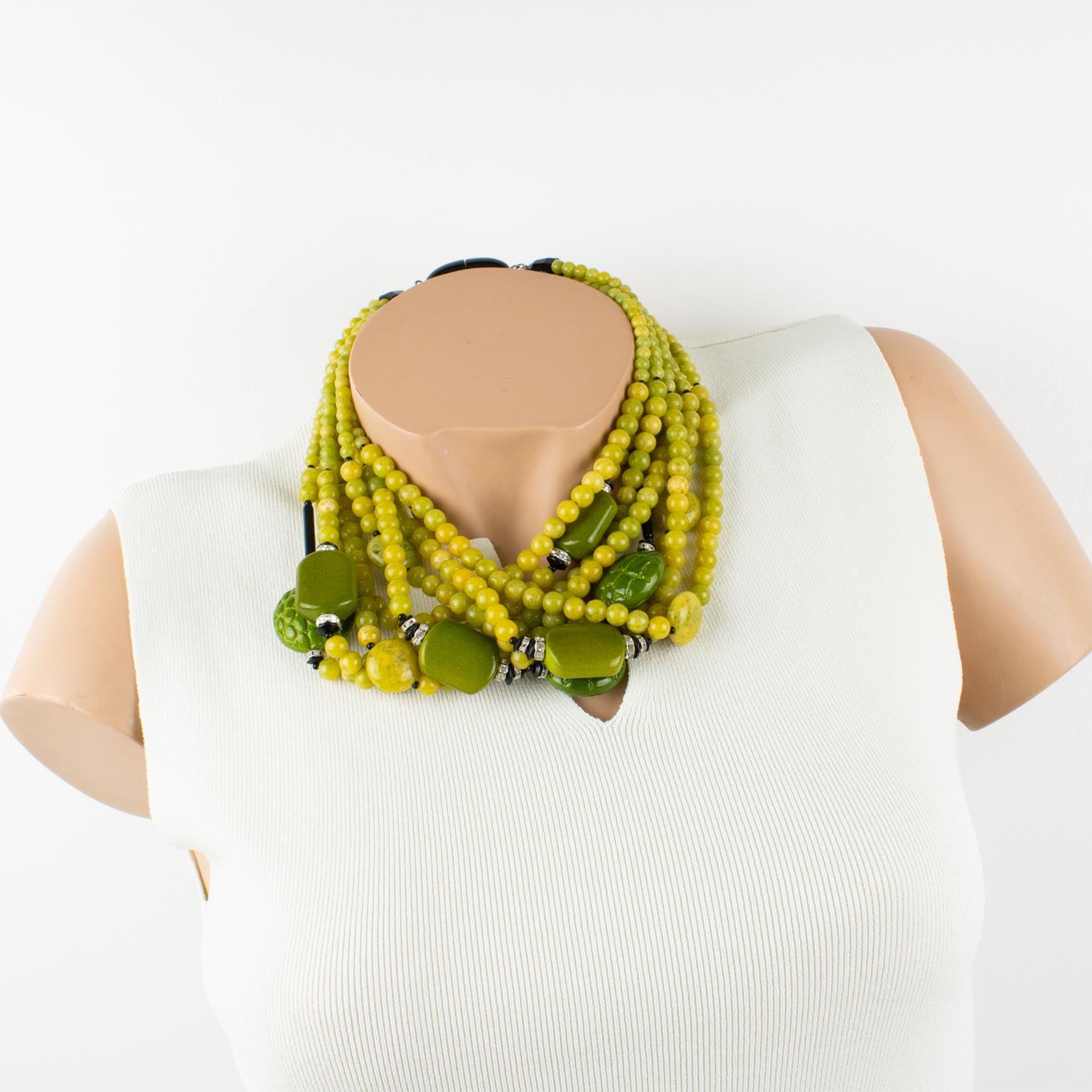 Superb Angela Caputi, made in Italy resin choker beaded necklace. Oversized multi-strand design with dominant faux jade color contrasted with avocado green, and army green resin pebbles beads, compliment with crystal rhinestones ring spacers. Her
