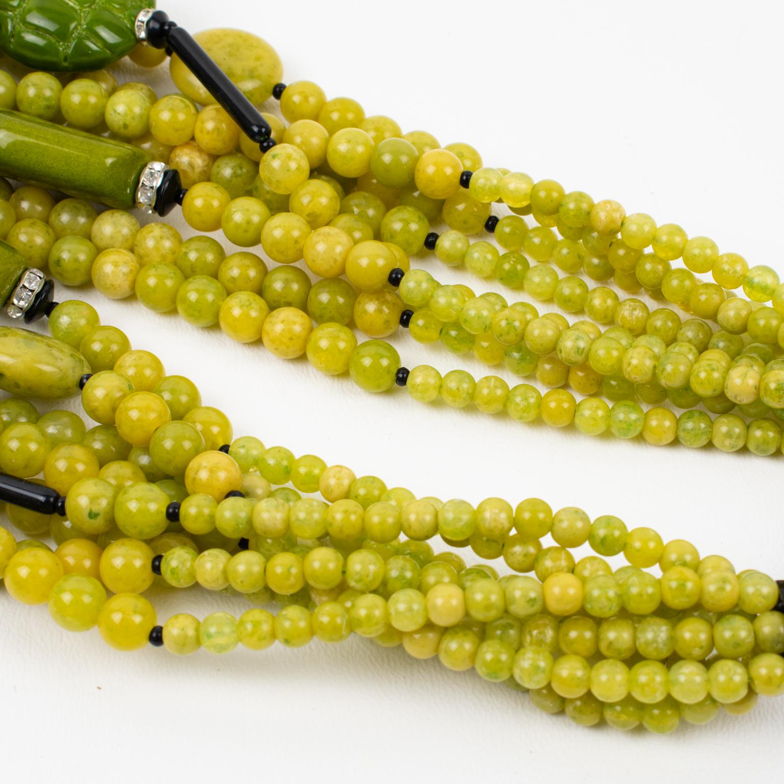 Modern Angela Caputi Resin Multi-Strand Choker Necklace Avocado Green and Faux Jade