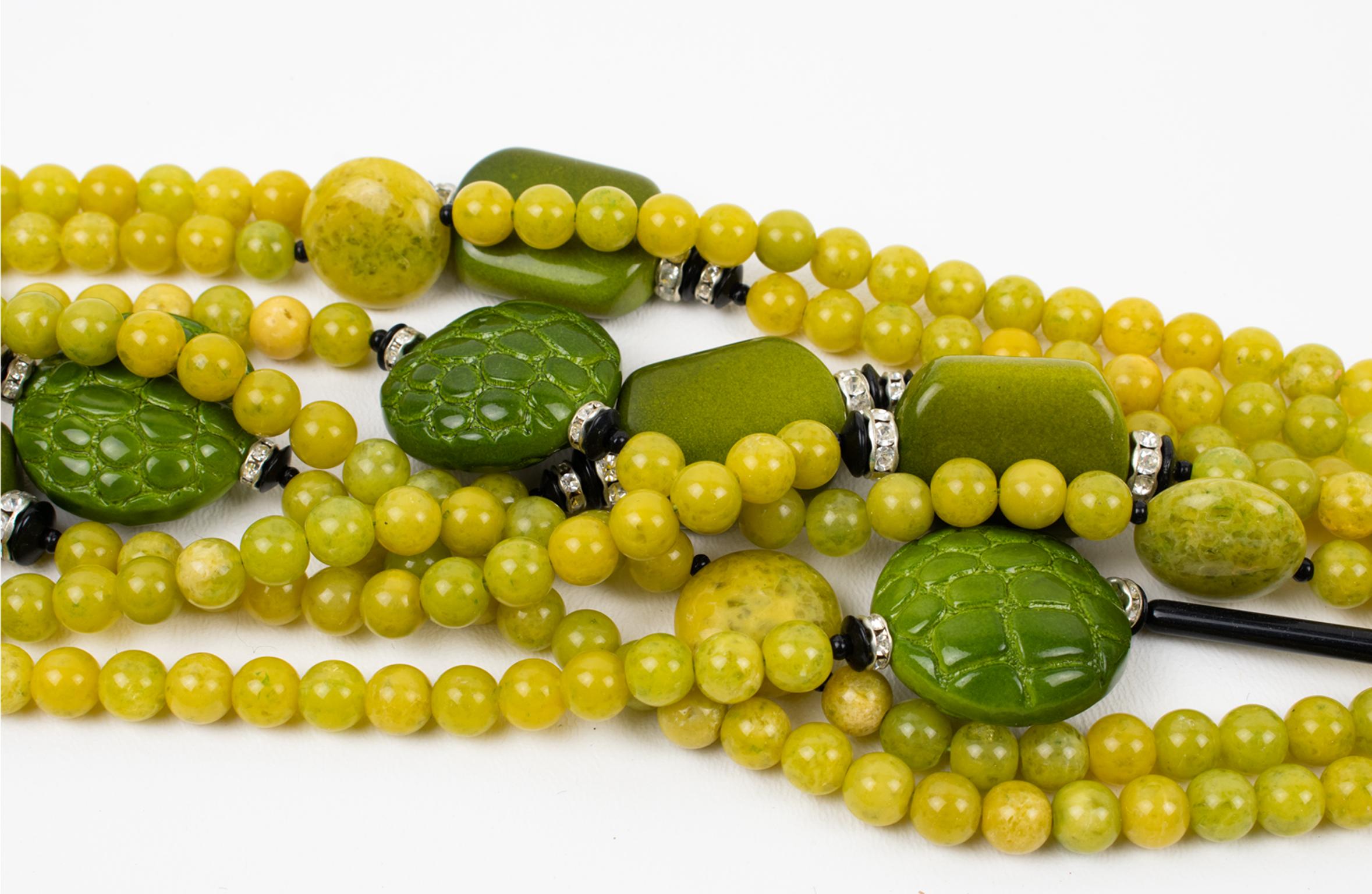 Women's or Men's Angela Caputi Resin Multi-Strand Choker Necklace Avocado Green and Faux Jade