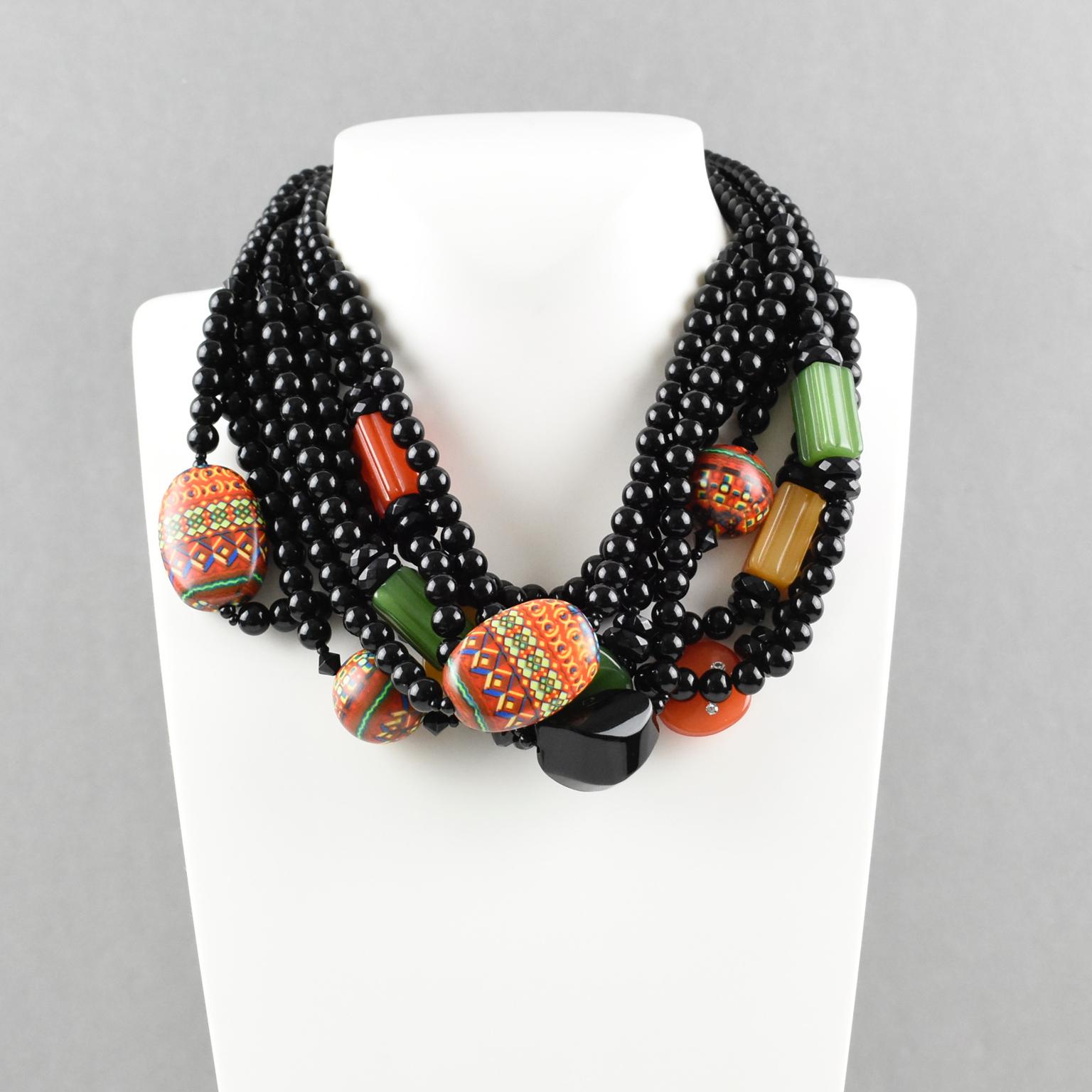 Modern Angela Caputi Resin Multi-Strand Choker Necklace Black and Multicolor