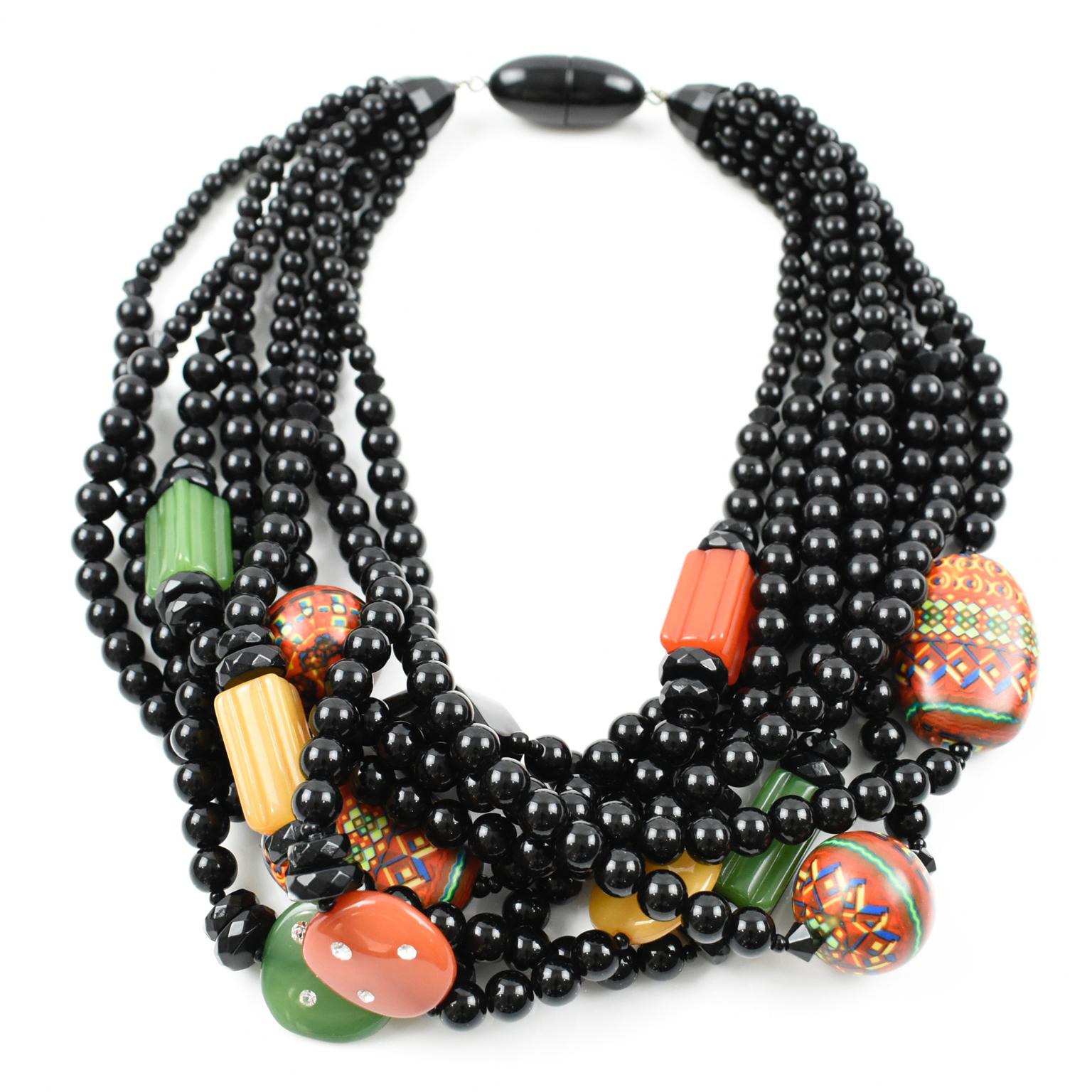 Angela Caputi Resin Multi-Strand Choker Necklace Black and Multicolor In Excellent Condition In Atlanta, GA