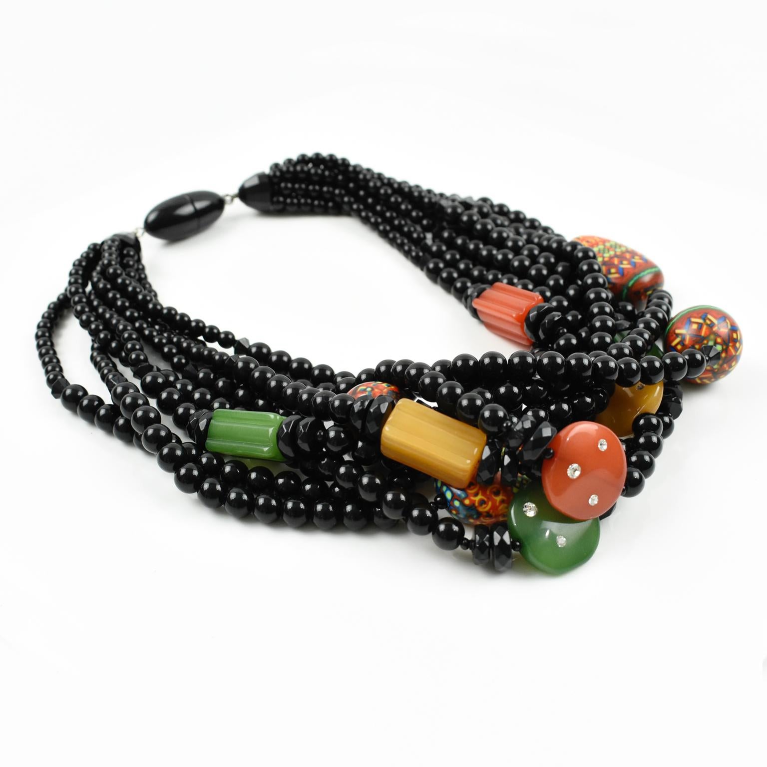 Women's or Men's Angela Caputi Resin Multi-Strand Choker Necklace Black and Multicolor