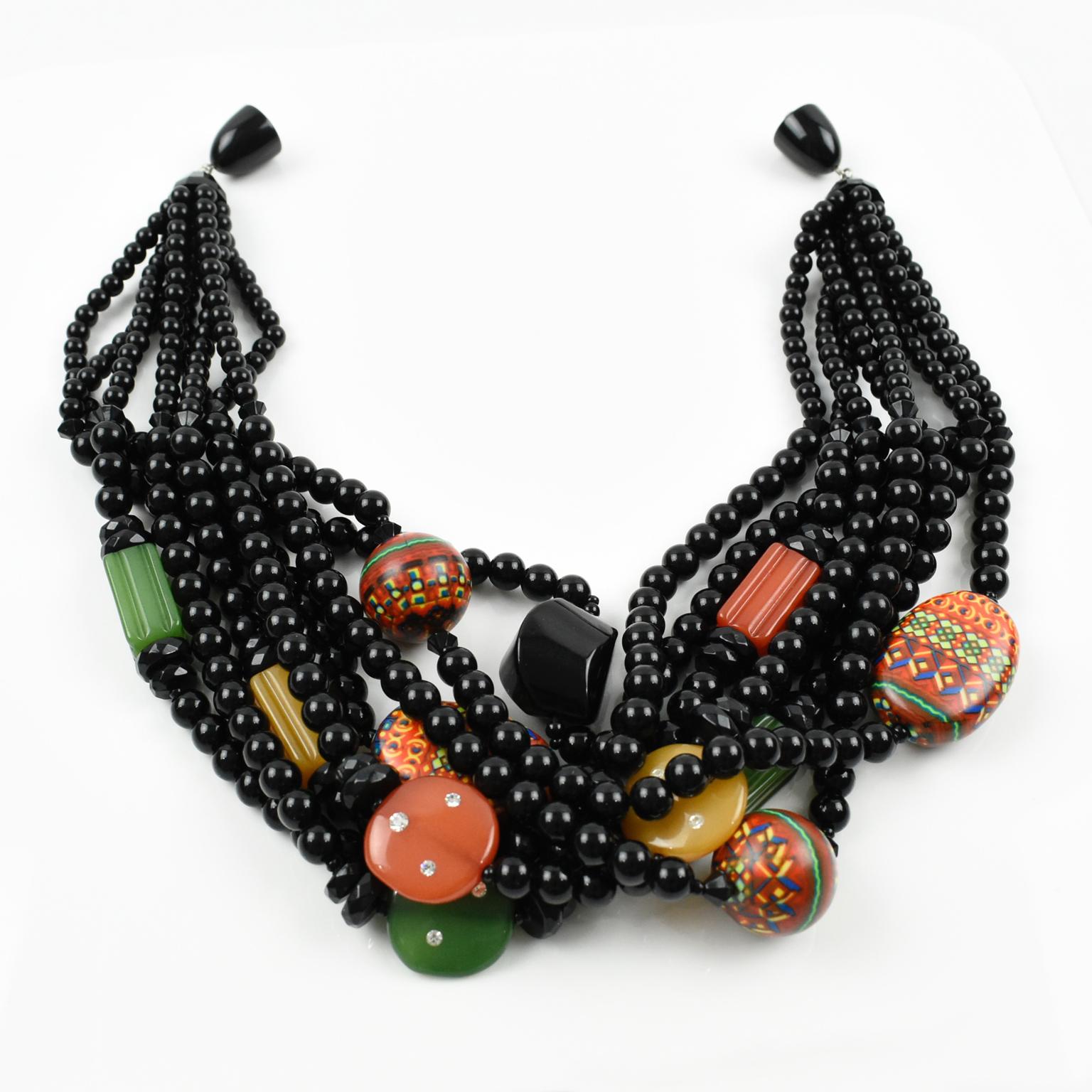 Angela Caputi Resin Multi-Strand Choker Necklace Black and Multicolor 3