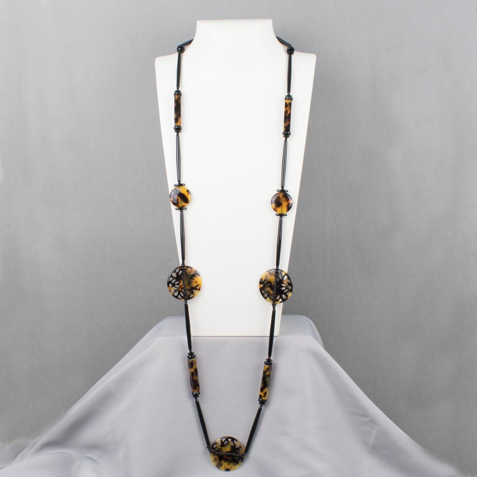 Modern Angela Caputi Tortoiseshell and Black Resin Long Necklace For Sale