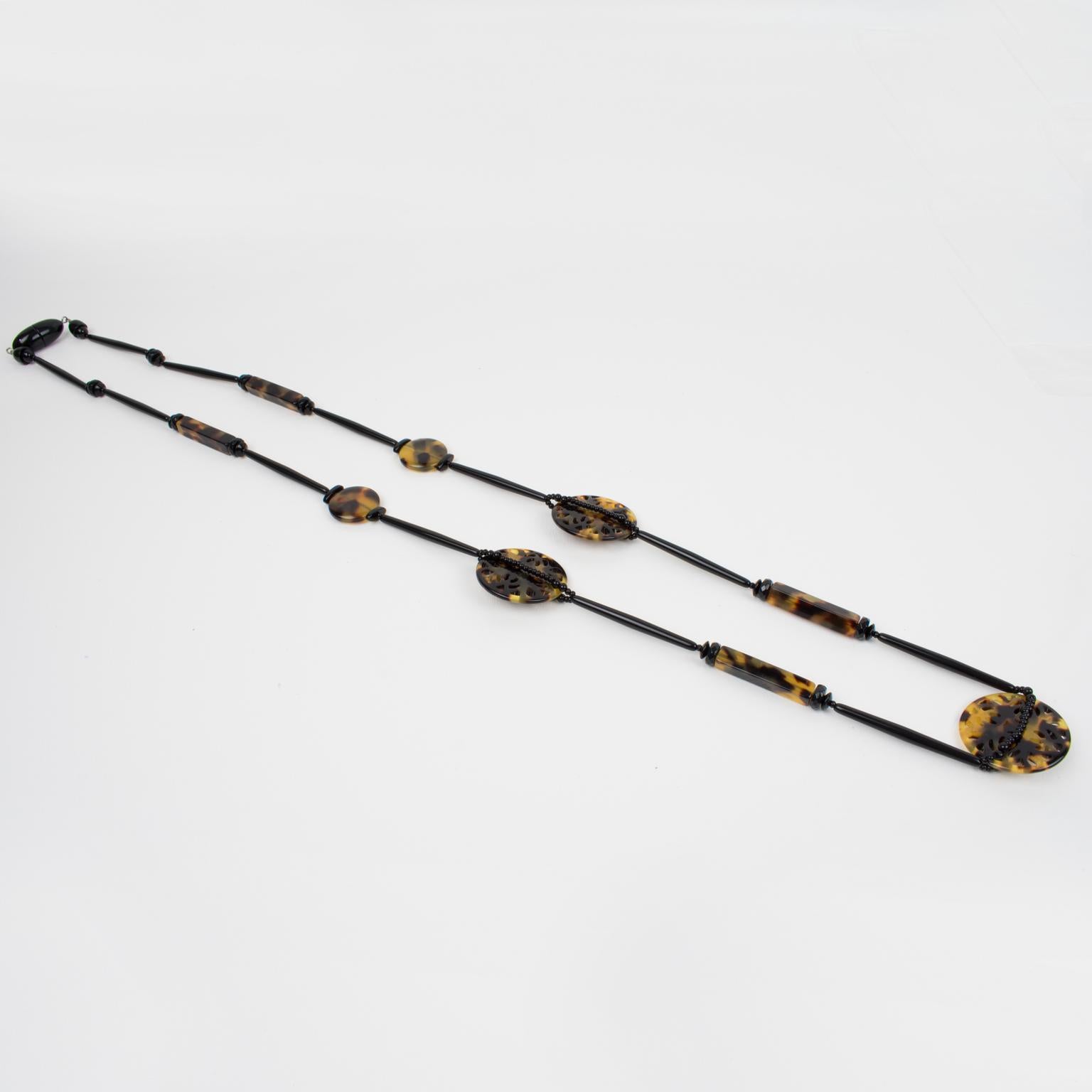 Women's or Men's Angela Caputi Tortoiseshell and Black Resin Long Necklace For Sale