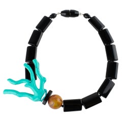 Angela Caputi Turquoise Faux-Coral and Black Resin Choker Necklace