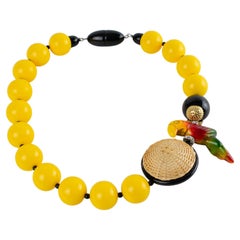 Angela Caputi Yellow Necklace with Carved Parrot and Giant Wicker Bead