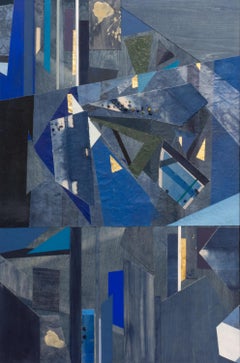 'All the Pieces I' - blue, indigo, collage, geometric abstraction, mixed media