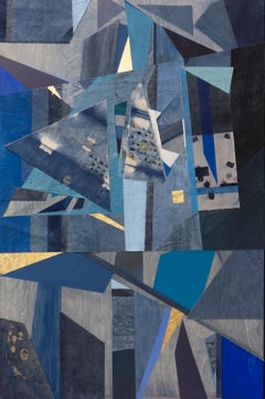 'All the Pieces II' - blue, indigo, collage, geometric abstraction, mixed media