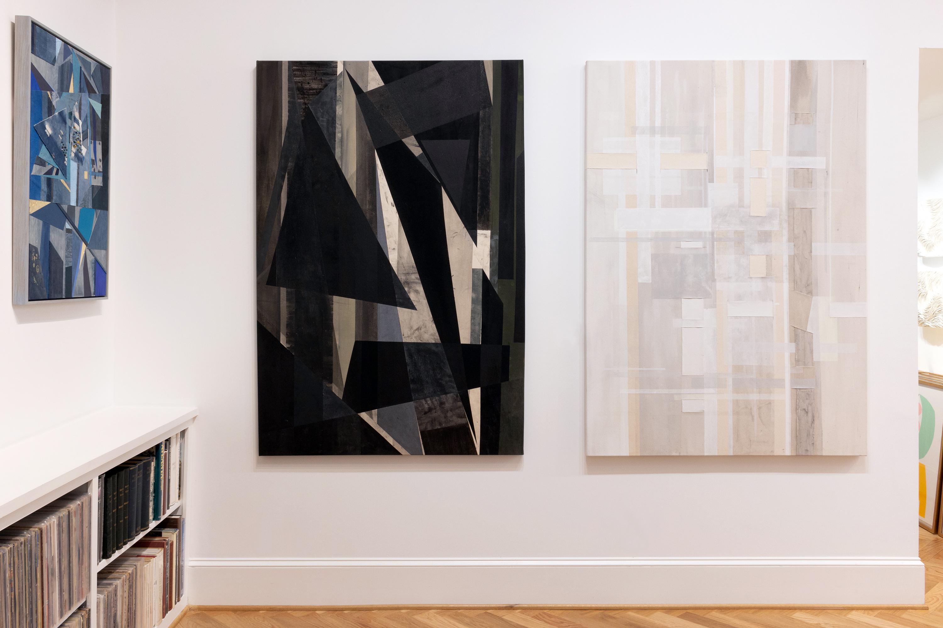'Layered' - nero, collage, astrazione geometrica, tecnica mista - Painting di Angela Carter