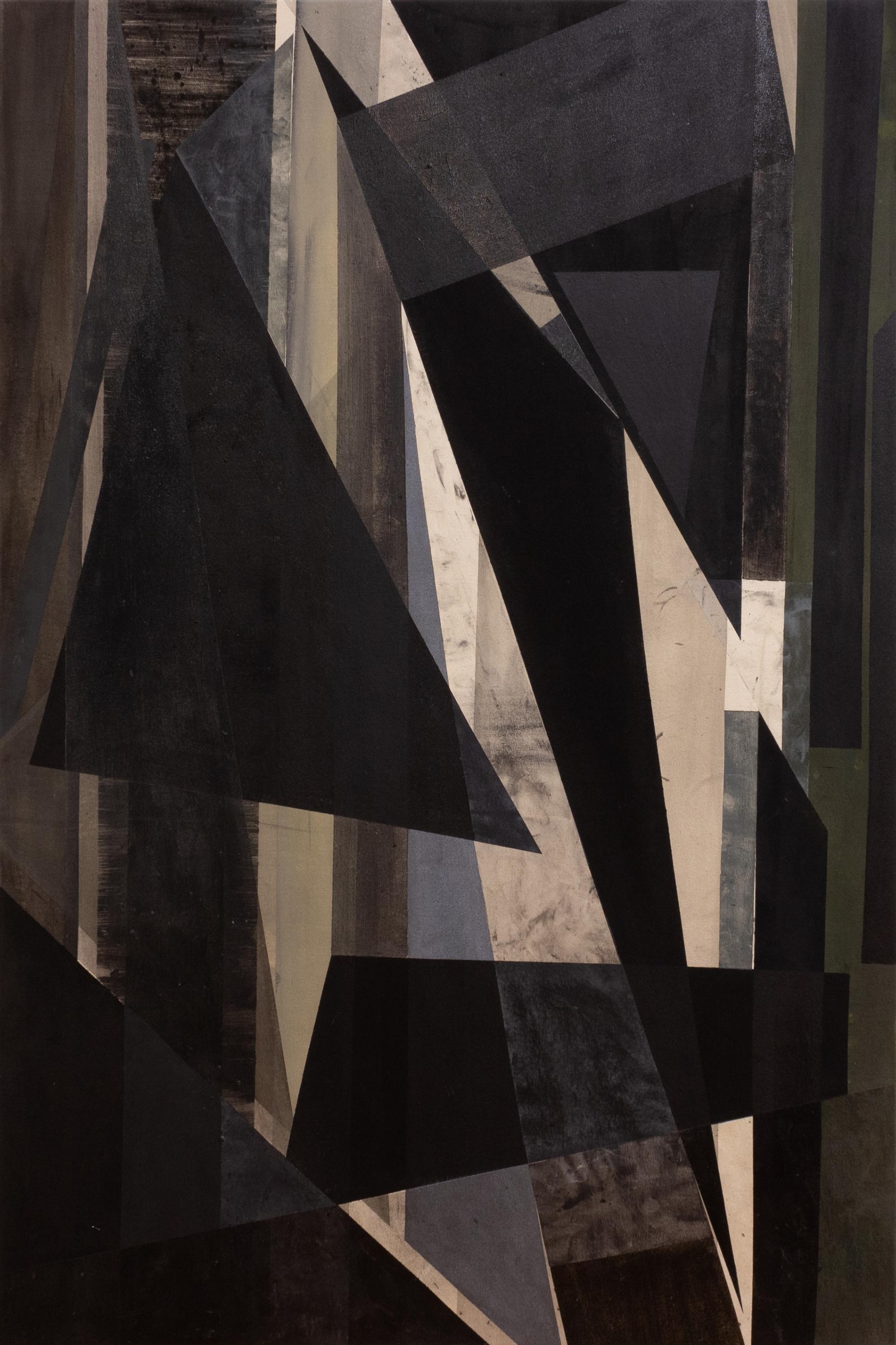 Abstract Painting di Angela Carter - 'Layered' - nero, collage, astrazione geometrica, tecnica mista