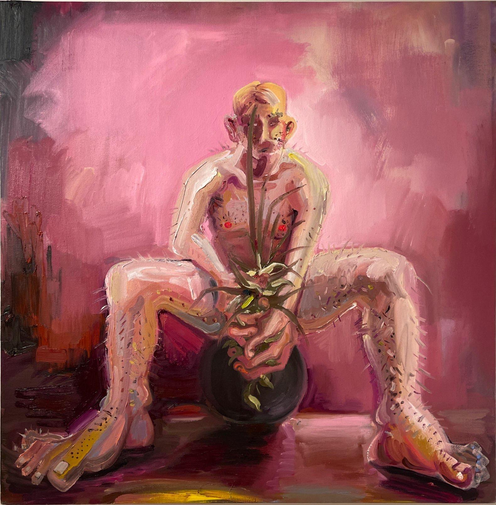 Man With a Plant is a contemporary figurative painting by Angela China. It features a nude man holding a plant while sitting on a ball. The plant strategically gives him privacy. The man's legs and feet are purposefully large to create a warped