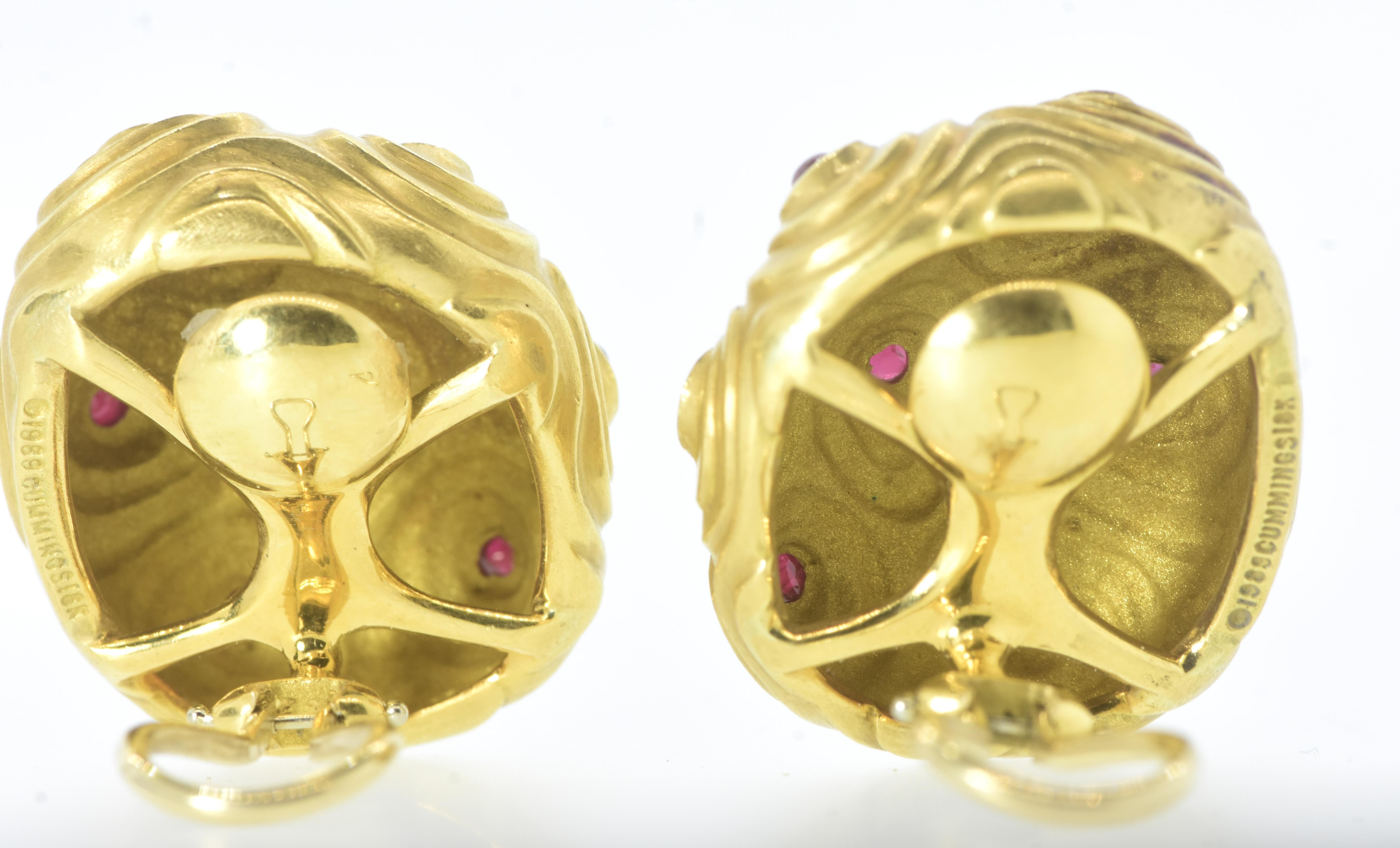 Angela Cumming Vintage Large  18K and Ruby Earrings, c. 1989 For Sale 3