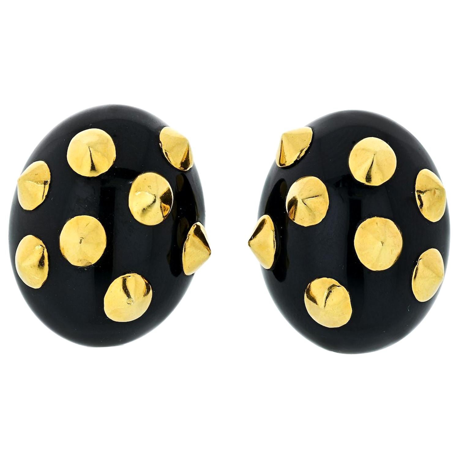 Angela Cummings 18 Karat Gold Black Jade, Gold Studded Earrings For Sale