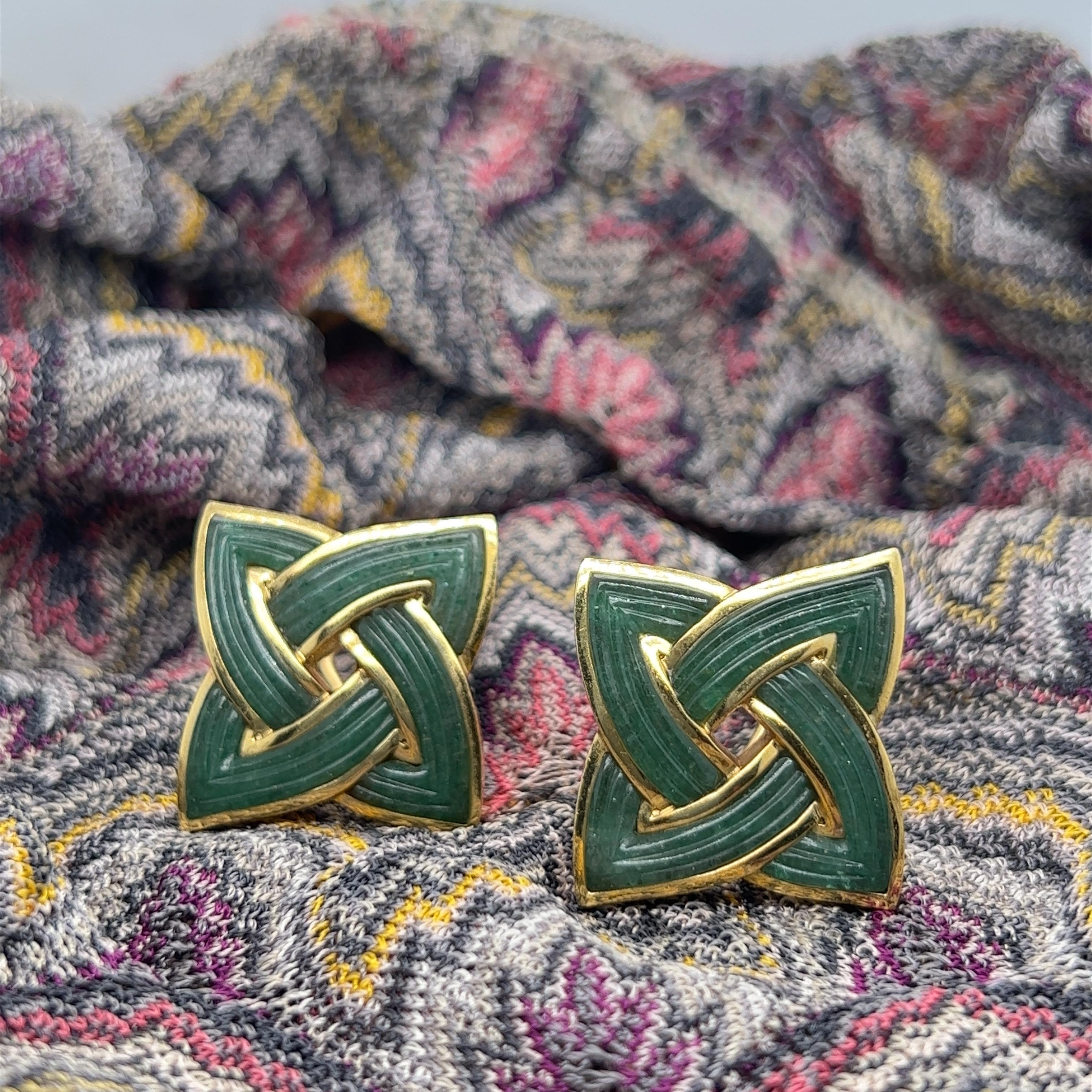 Angela Cummings 18 Karat Yellow Gold and Jade Celtic Knot Earrings, 1988 In Good Condition For Sale In Zurich, CH