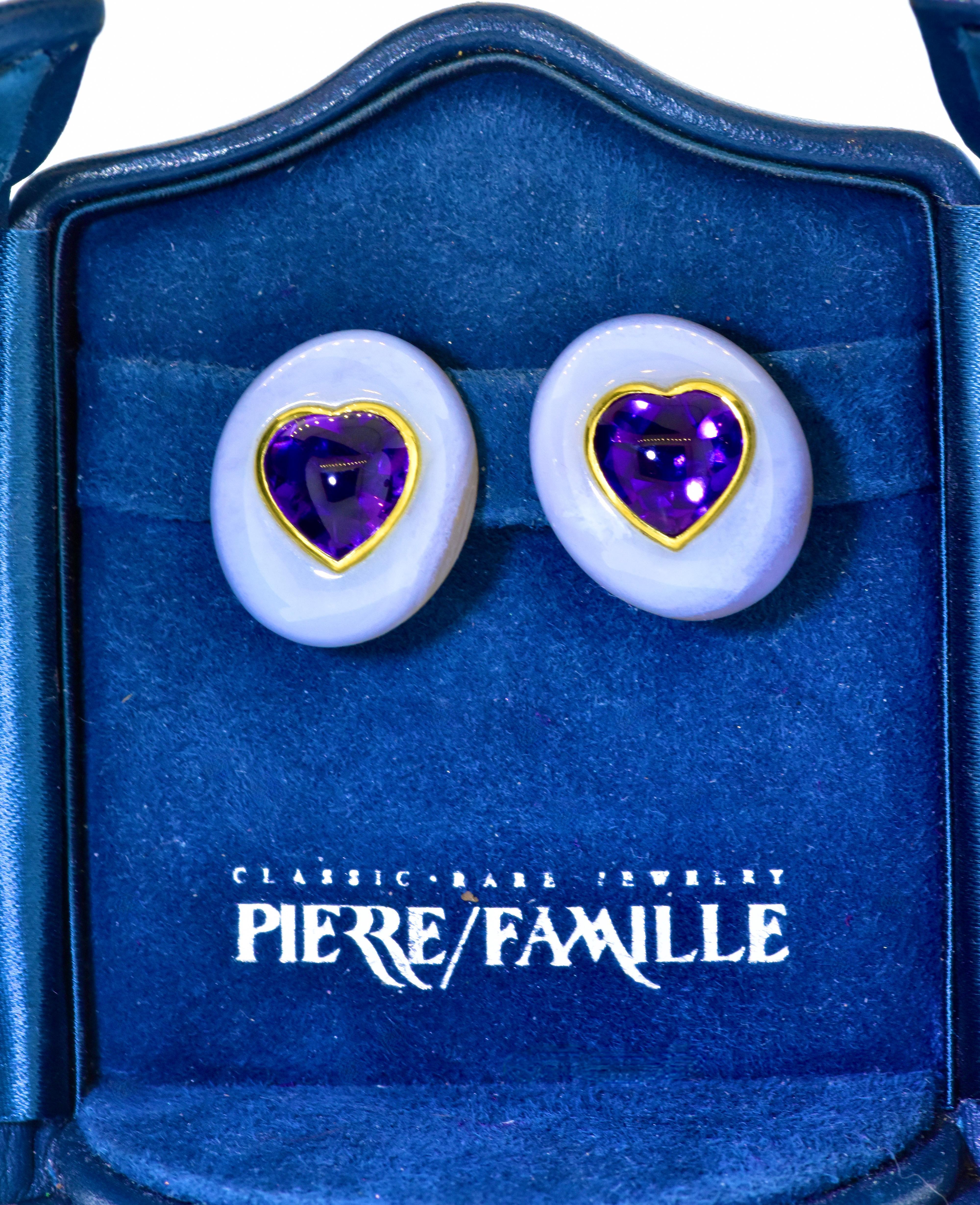 Women's Angela Cummings 18K Earrings with Heart Shaped Amethysts & Chalcedony For Sale