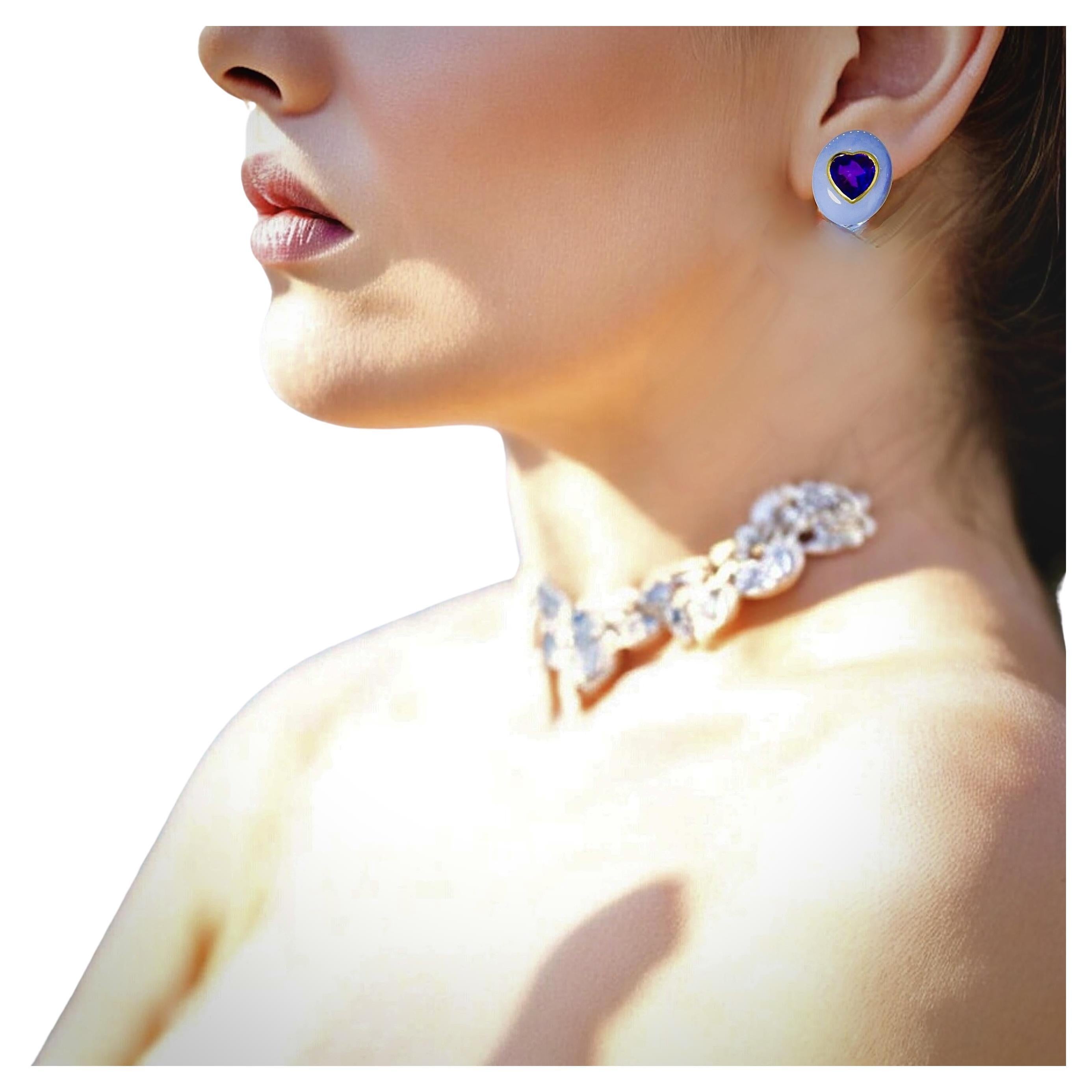 Angela Cummings 18K Earrings with Heart Shaped Amethysts & Chalcedony For Sale