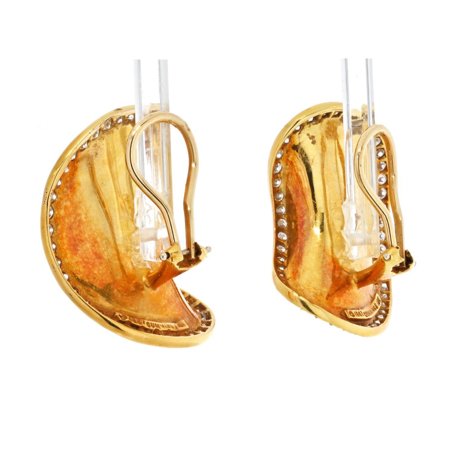 These 18k yellow gold diamond framed 1987 Angela Cummings earrings are truly special because they were designed by Cummings, an iconic jewelry designer known for her innovative and timeless designs. The earrings feature a unique bean shape design