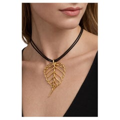 Angela Cummings 18K Yellow Gold Leaf Pendant Necklace with Original Leather Cord