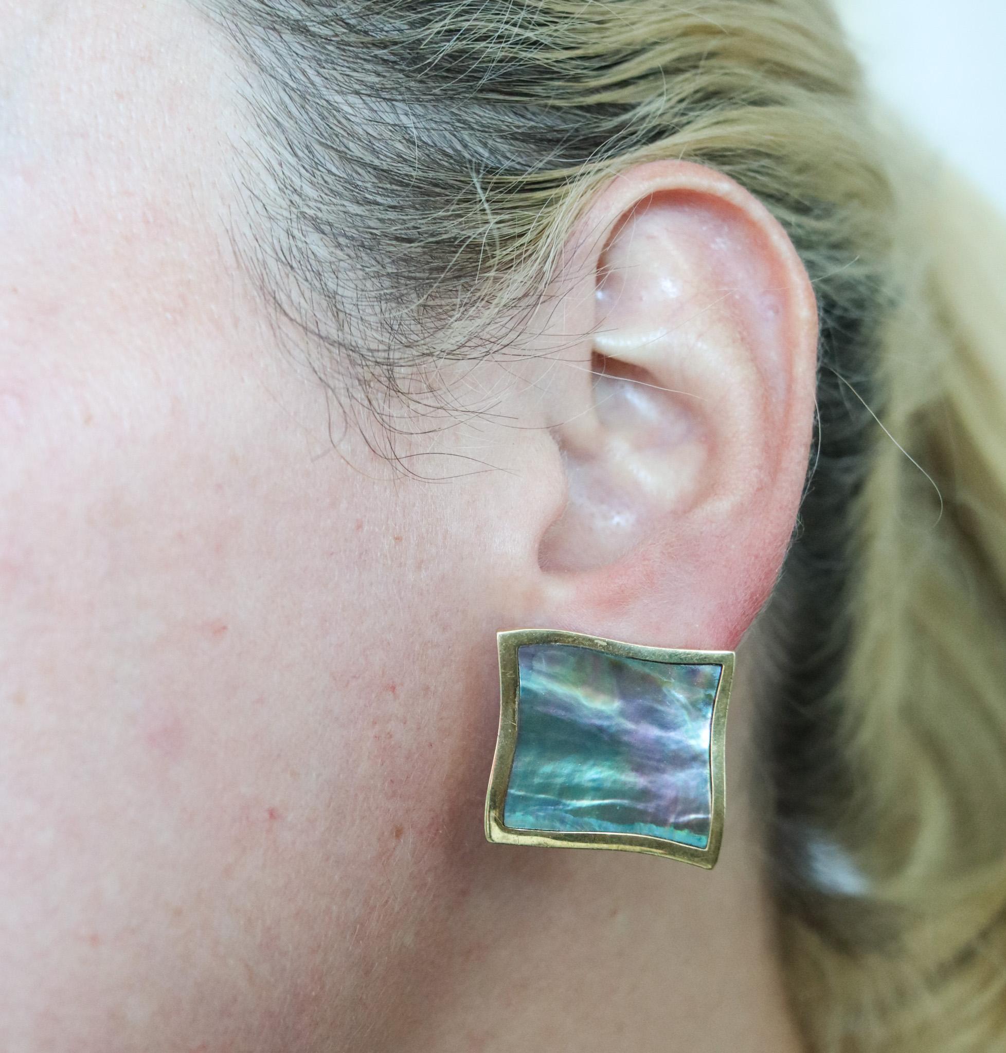 Women's Angela Cummings 1980 Rare Squared Earrings 18Kt Yellow Gold with Abalone Shell For Sale