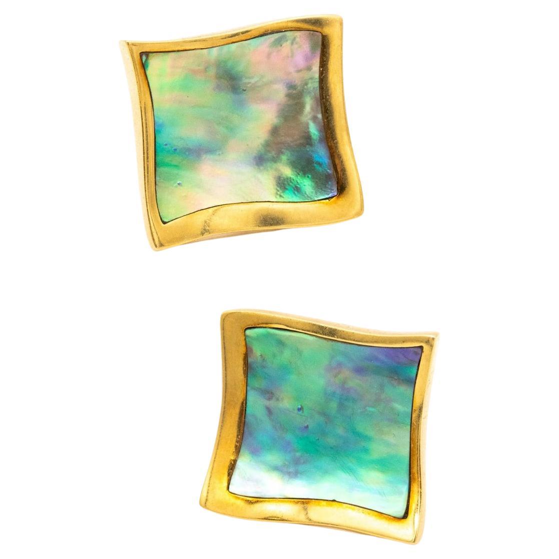 Angela Cummings 1980 Rare Squared Earrings 18Kt Yellow Gold with Abalone Shell For Sale