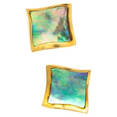 Retro Angela Cummings 1980 Rare Squared Earrings 18Kt Yellow Gold with Abalone Shell