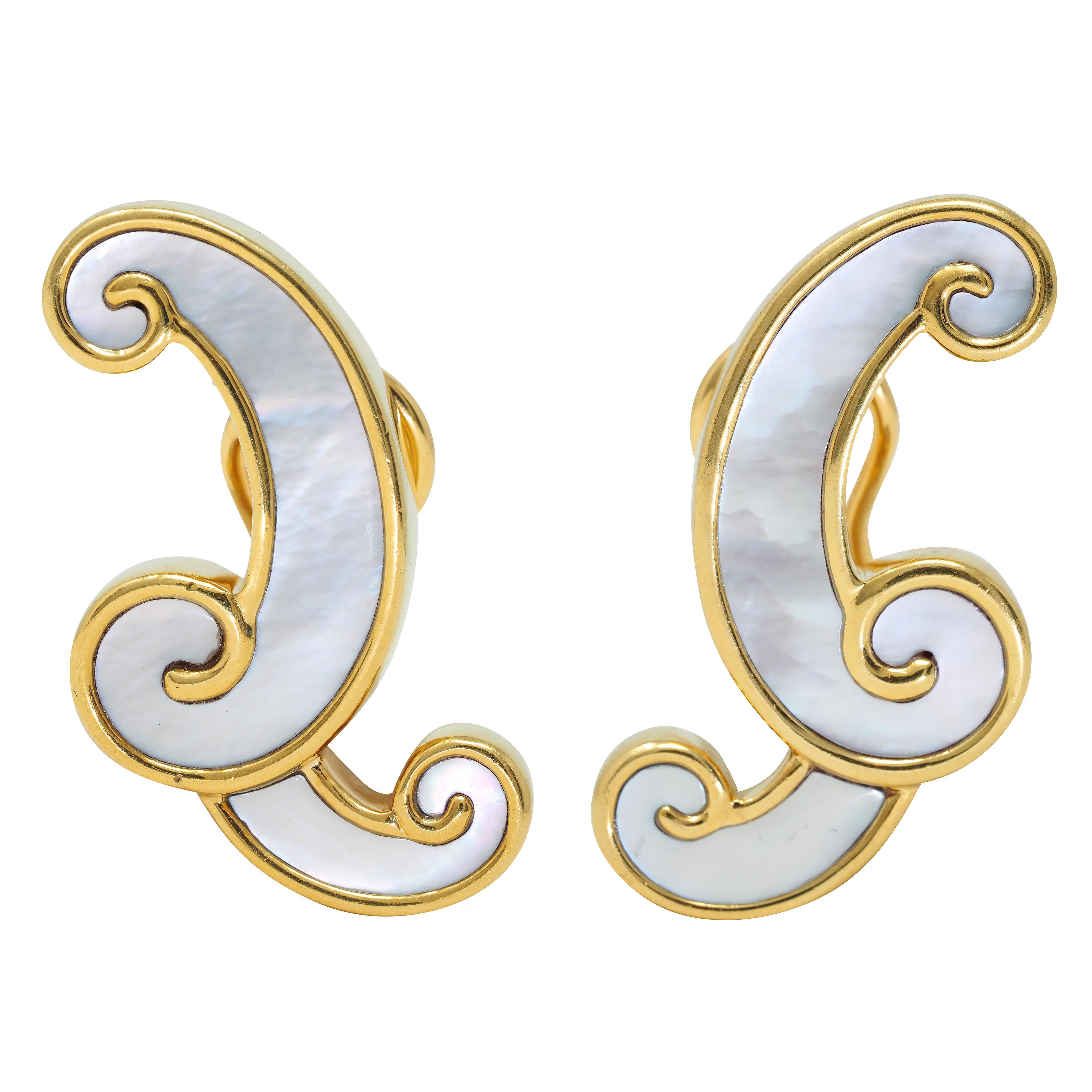 Angela Cummings 1980s Mother-Of-Pearl 18 Karat Gold Scroll Ear-Clip Earrings For Sale 4