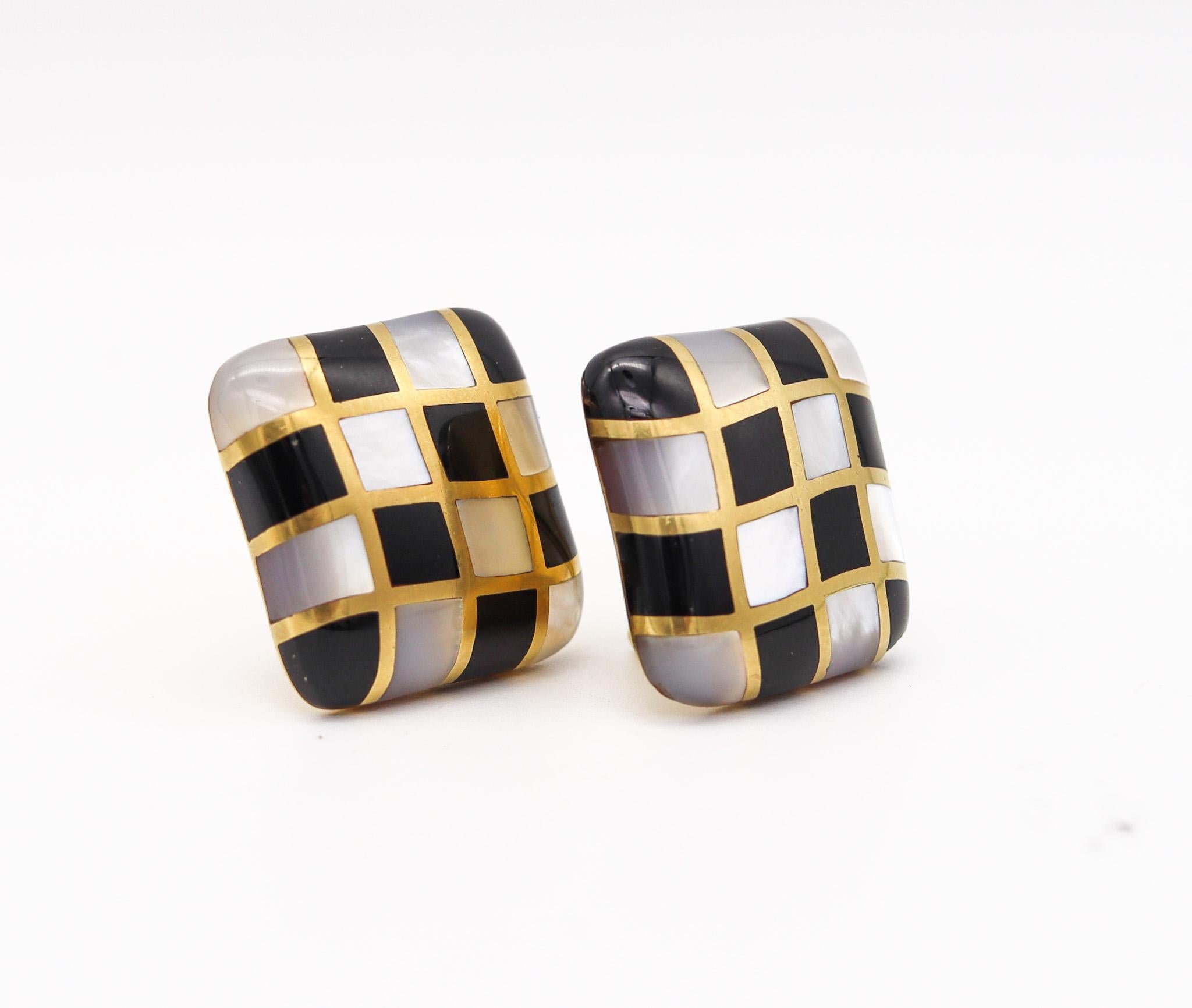 Modernist Angela Cummings 1984 Checkerboard Earrings in 18kt Gold Black Jade & White Nacre For Sale