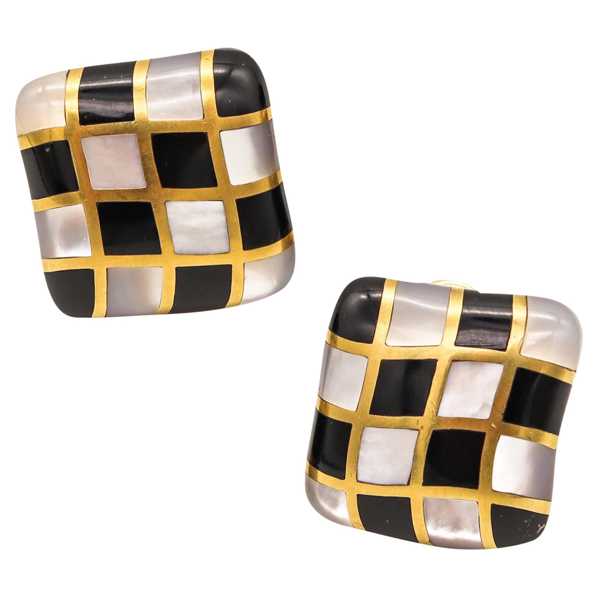 Angela Cummings 1984 Checkerboard Earrings in 18kt Gold Black Jade & White Nacre For Sale