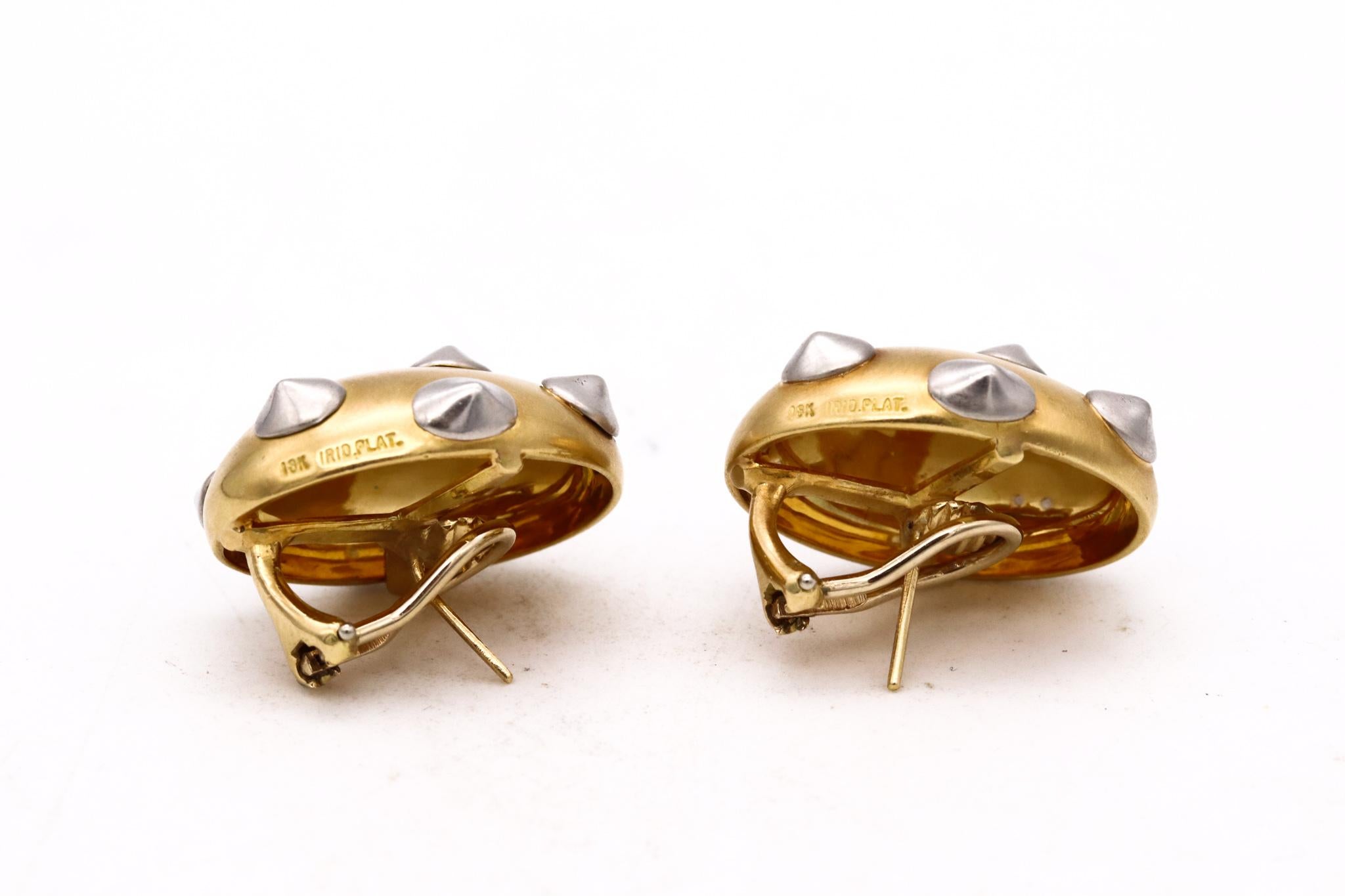 Angela Cummings 1984 New York Oval Spikes Earrings 18Kt Yellow Gold and Platinum For Sale 1