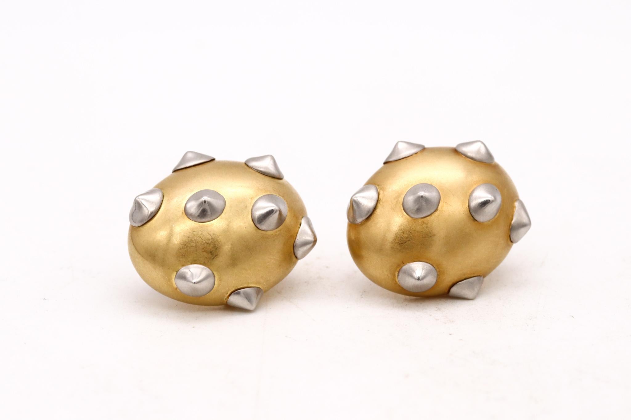 Angela Cummings 1984 New York Oval Spikes Earrings 18Kt Yellow Gold and Platinum For Sale 2