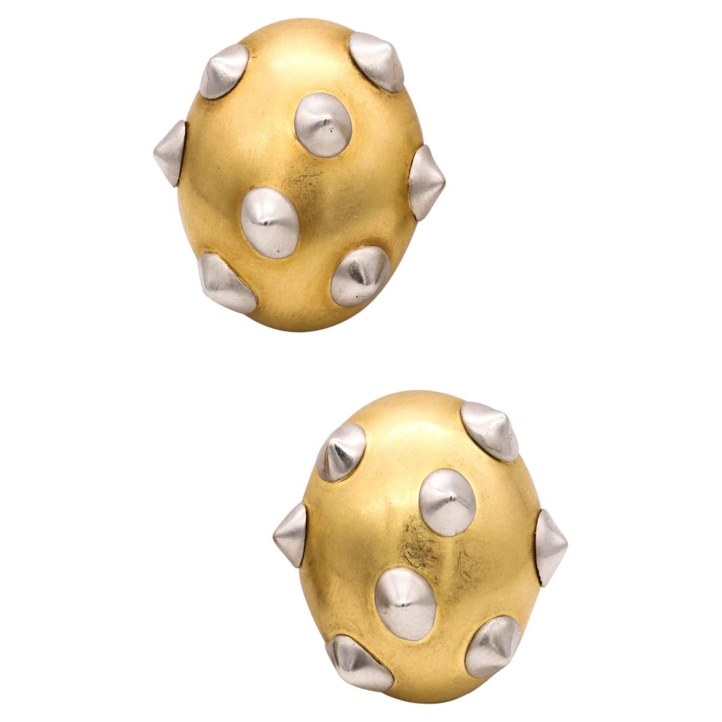 Angela Cummings 1984 New York Oval Spikes Earrings 18Kt Yellow Gold and Platinum For Sale