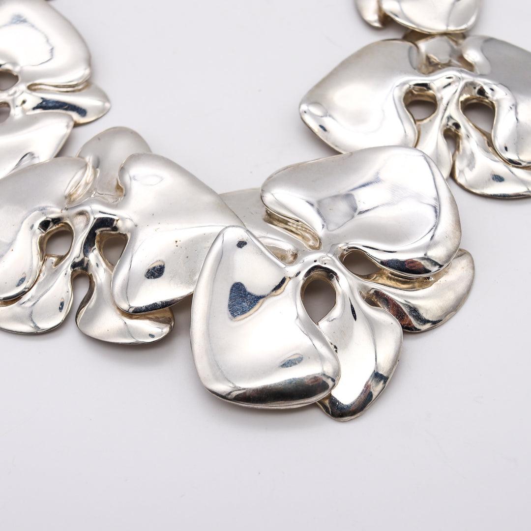 Modernist Angela Cummings 1984 Rare Sculptural Orchids Necklace in 925 Sterling Silver For Sale