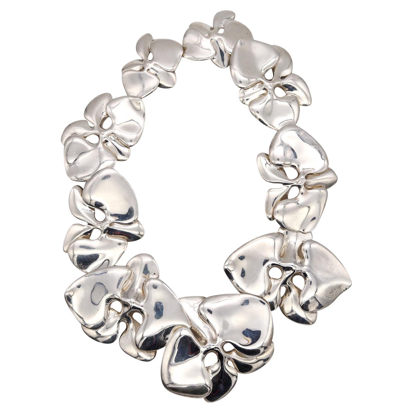 Angela Cummings 1984 Rare Sculptural Orchids Necklace in 925 Sterling Silver For Sale