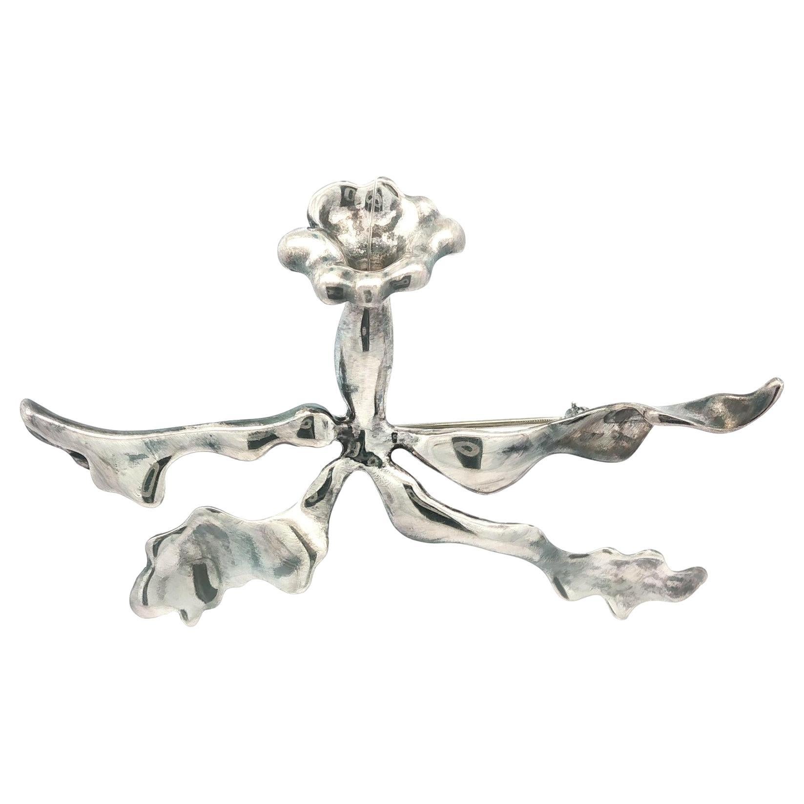 Angela Cummings 1986 Silber große Orchidee Blume florale große Pin-Brosche im Angebot