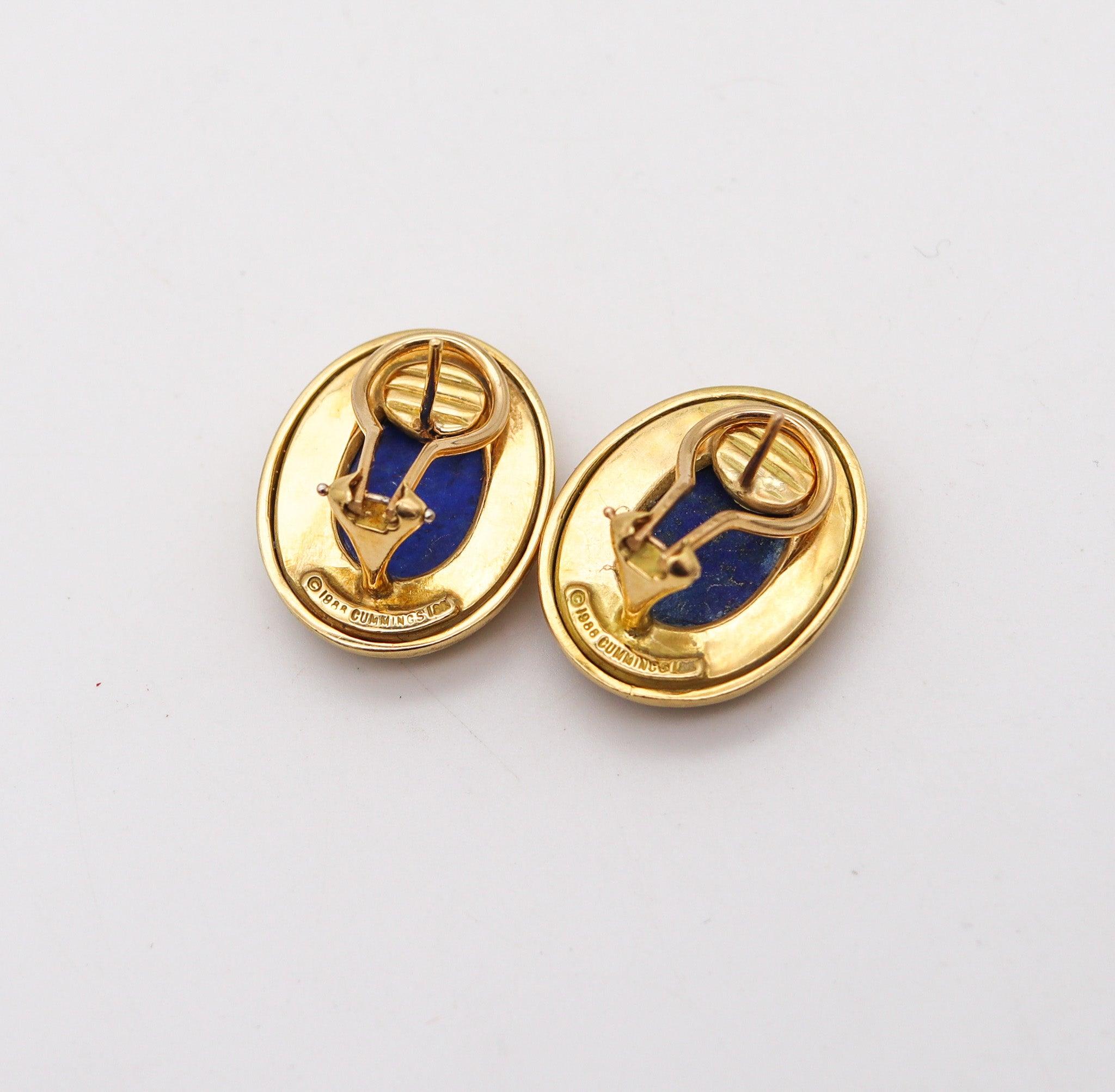 Taille cabochon ANGELA CUMMINGS Clips d'oreilles en or jaune 18 carats avec lapis-lazuli, 1988 en vente