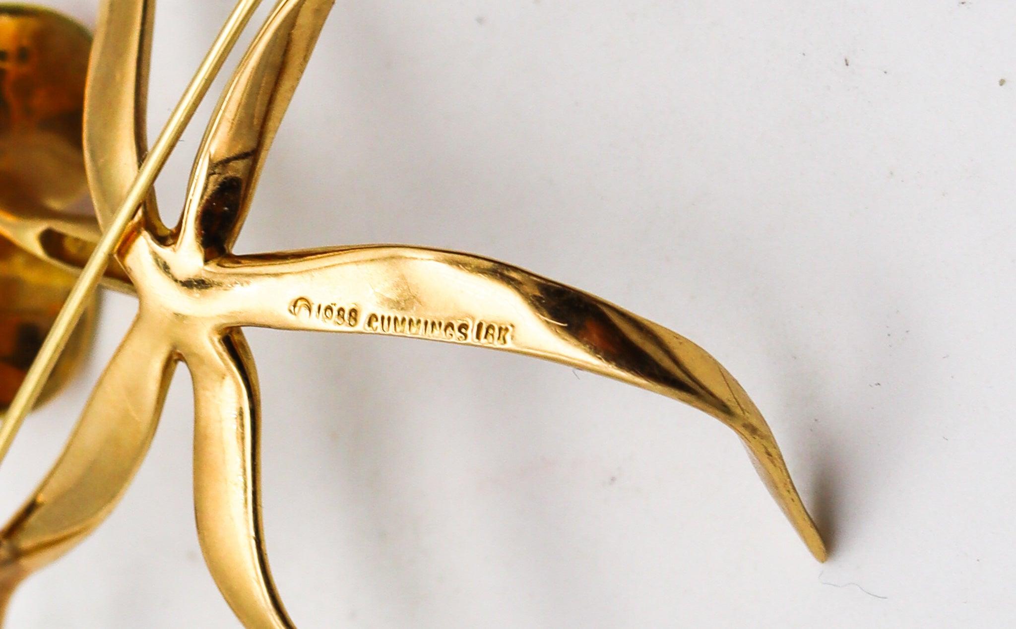 ANGELA CUMMINGS 1988 Enameled Orchid Pendant Brooch In 18Kt Yellow Gold In Excellent Condition For Sale In Miami, FL