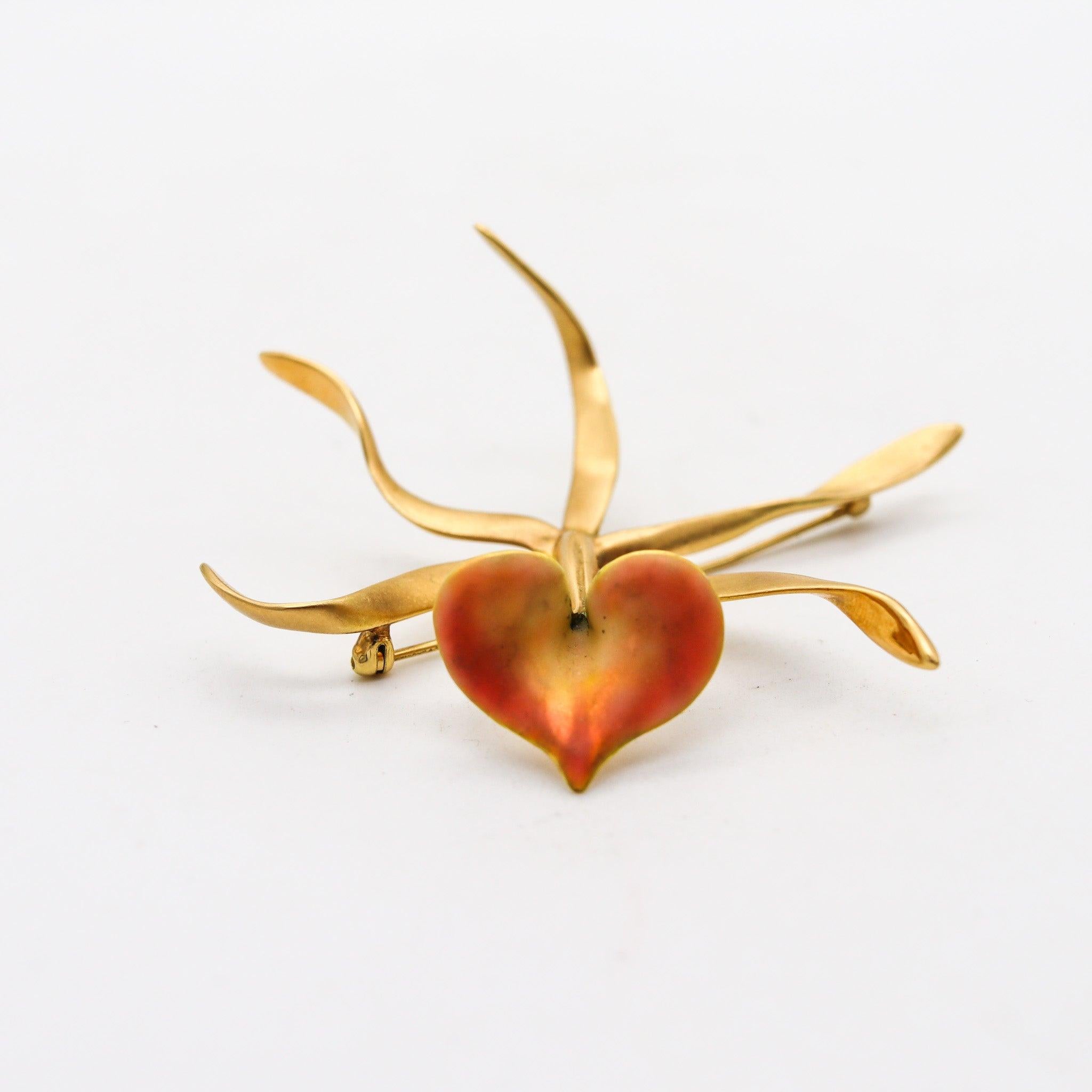 ANGELA CUMMINGS 1988 Enameled Orchid Pendant Brooch In 18Kt Yellow Gold For Sale 1