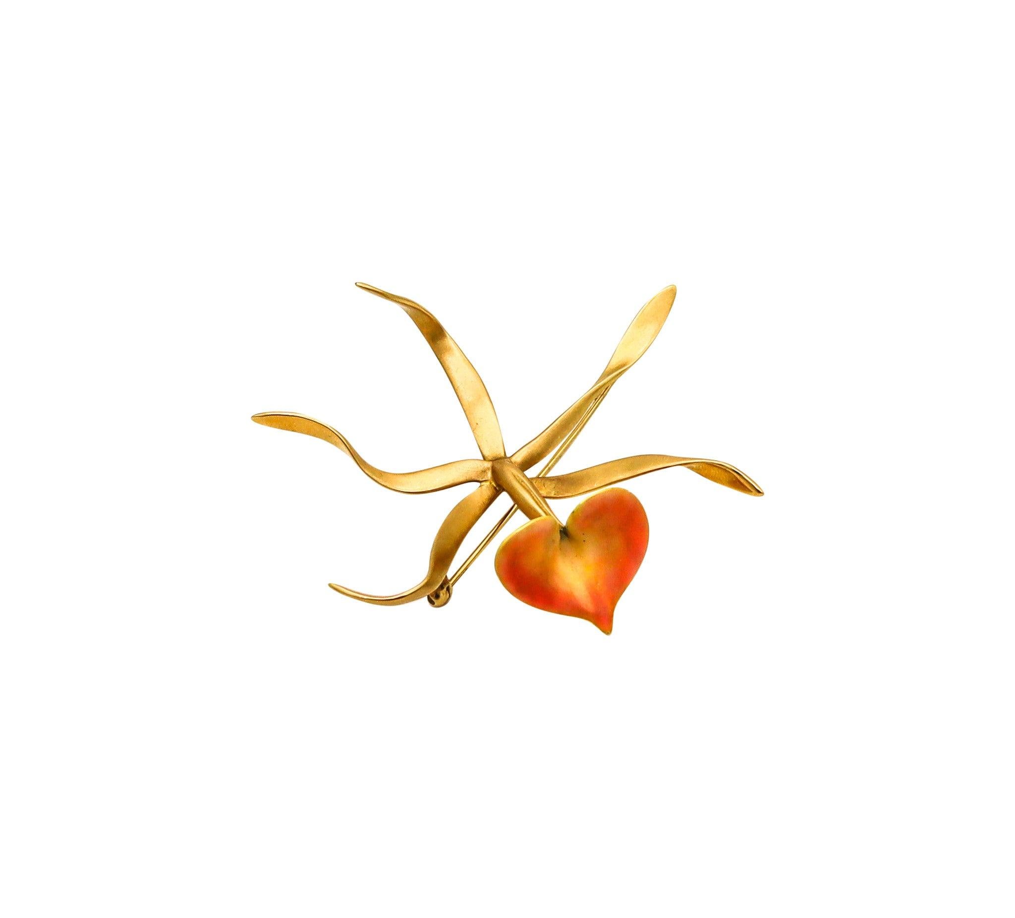 ANGELA CUMMINGS 1988 Enameled Orchid Pendant Brooch In 18Kt Yellow Gold For Sale 2