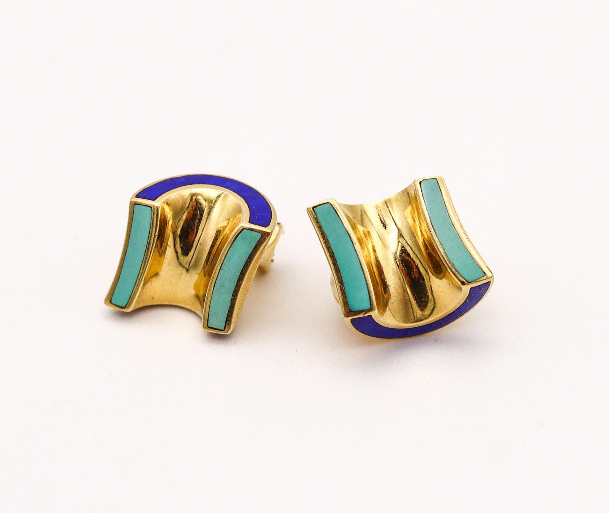 ANGELA CUMMINGS 1989 Modernist Clips auf Ohrringe in 18Kt Gold mit Edelsteinen eingelegt (Modernistisch) im Angebot