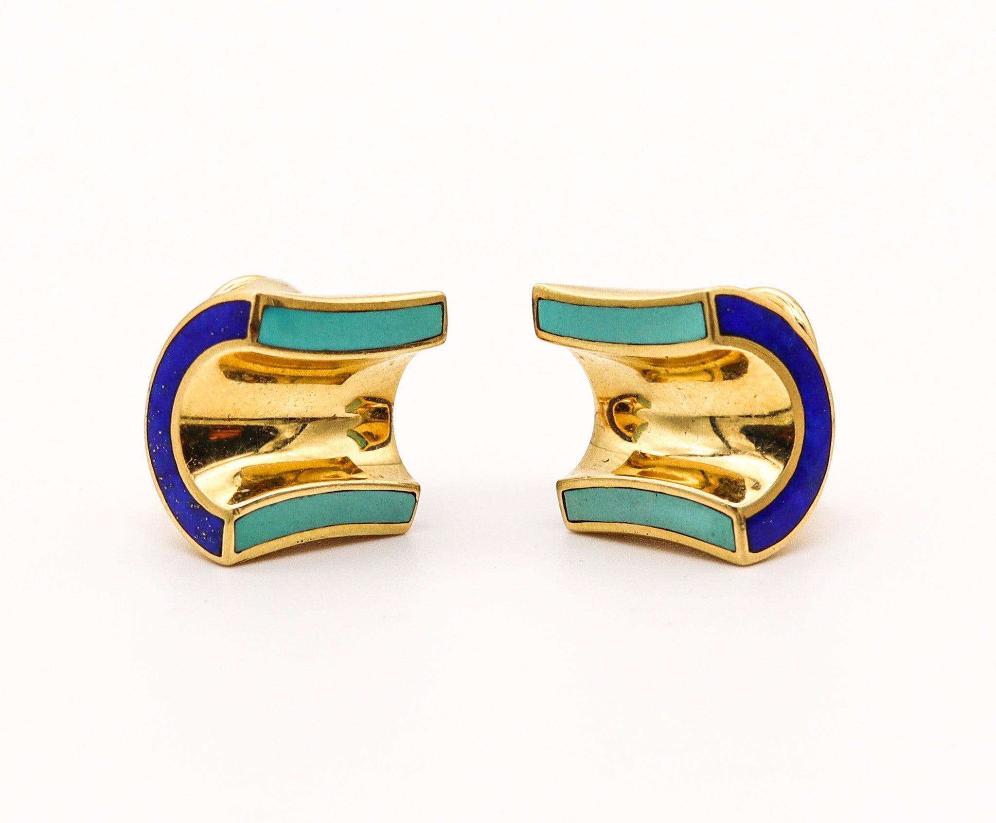 ANGELA CUMMINGS 1989 Modernist Clips auf Ohrringe in 18Kt Gold mit Edelsteinen eingelegt (Cabochon) im Angebot