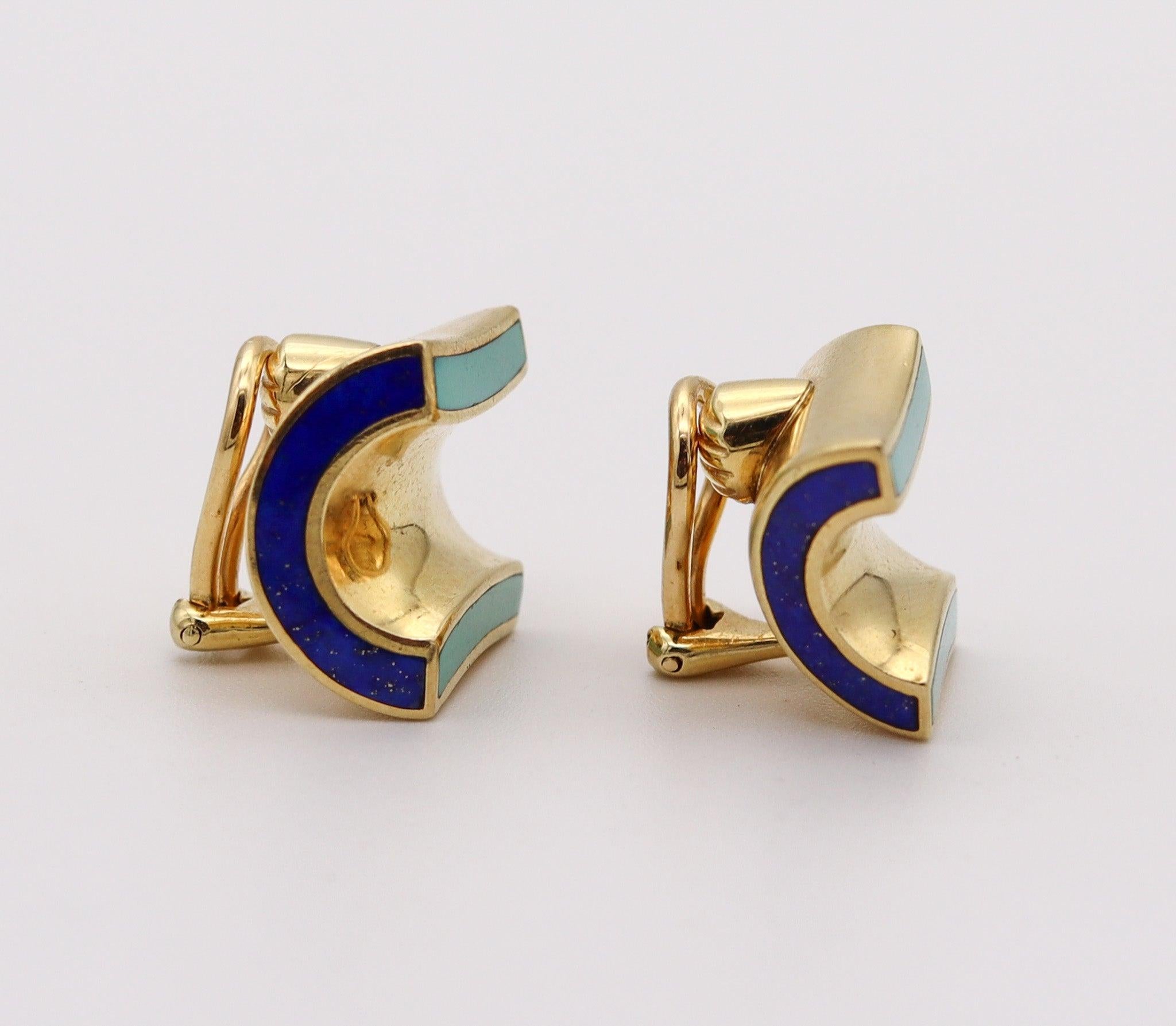 ANGELA CUMMINGS 1989 Modernist Clips auf Ohrringe in 18Kt Gold mit Edelsteinen eingelegt im Zustand „Hervorragend“ im Angebot in Miami, FL