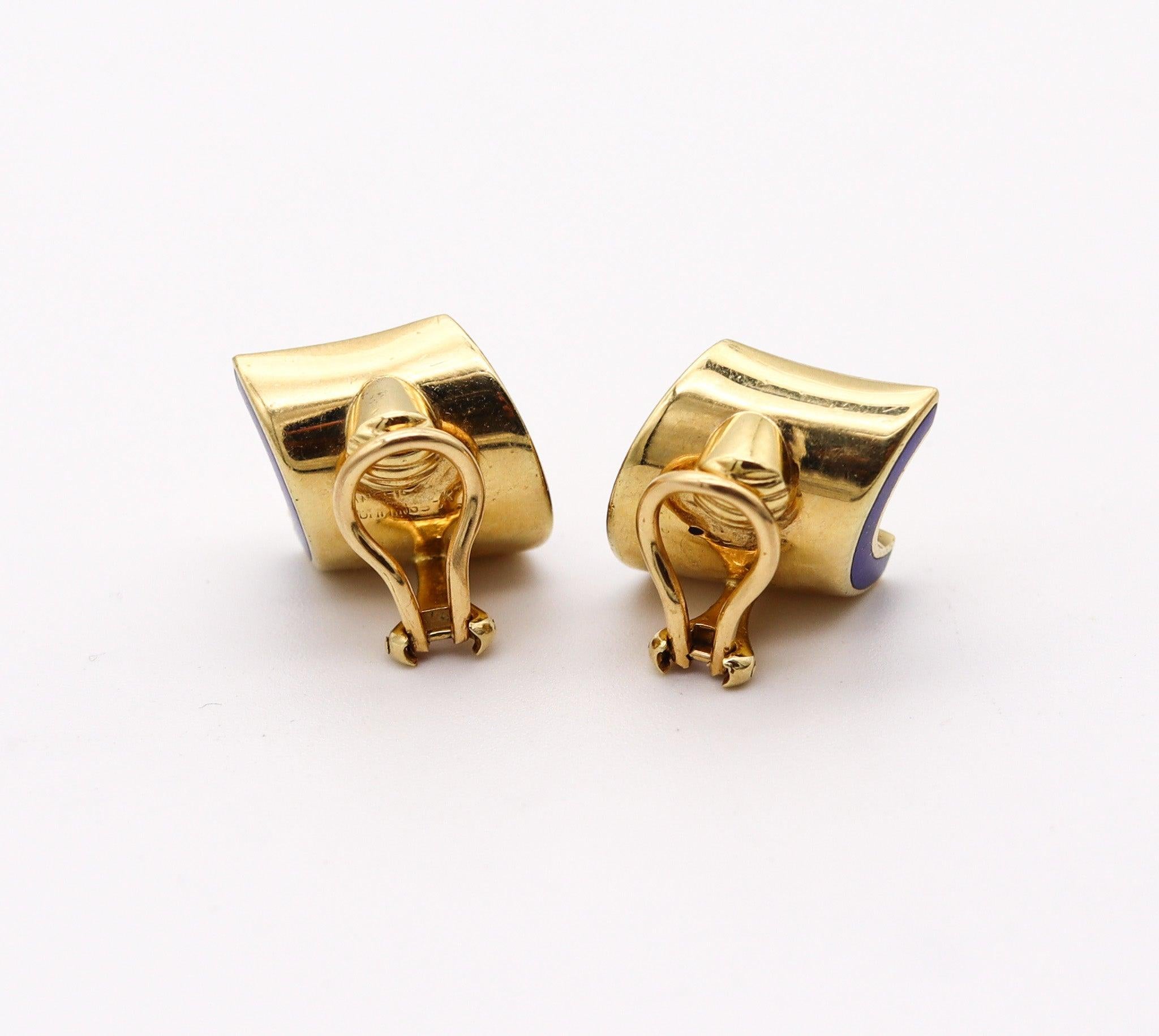 ANGELA CUMMINGS 1989 Modernist Clips auf Ohrringe in 18Kt Gold mit Edelsteinen eingelegt Damen im Angebot