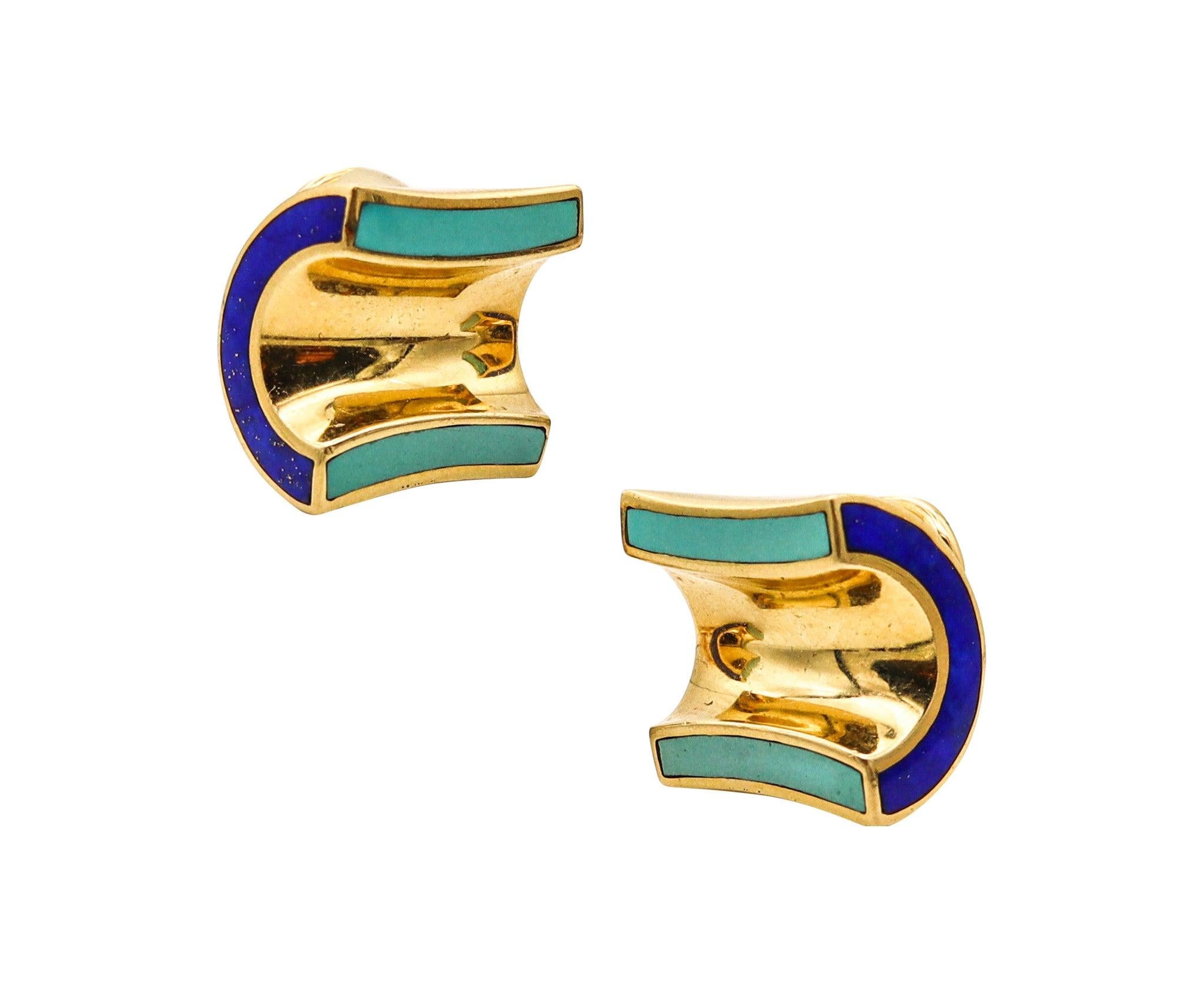 ANGELA CUMMINGS 1989 Modernist Clips auf Ohrringe in 18Kt Gold mit Edelsteinen eingelegt im Angebot 2