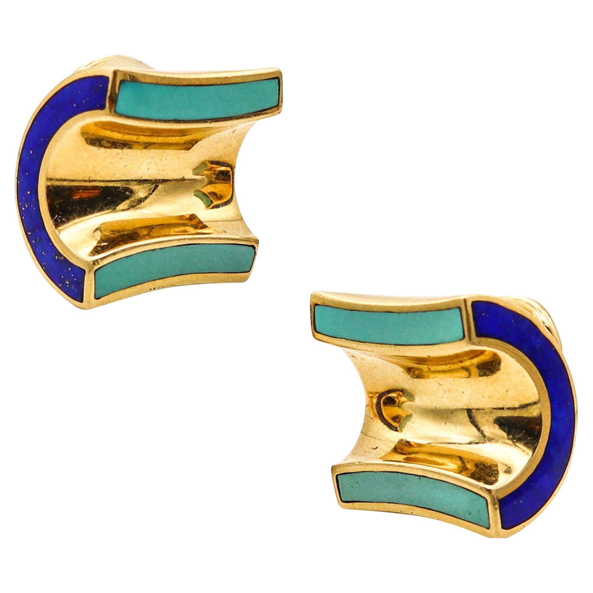 ANGELA CUMMINGS 1989 Modernist Clips On Earrings In 18Kt Gold With Gems Inlaid