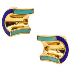 ANGELA CUMMINGS 1989 Modernist Clips On Earrings In 18Kt Gold With Gems Inlaid