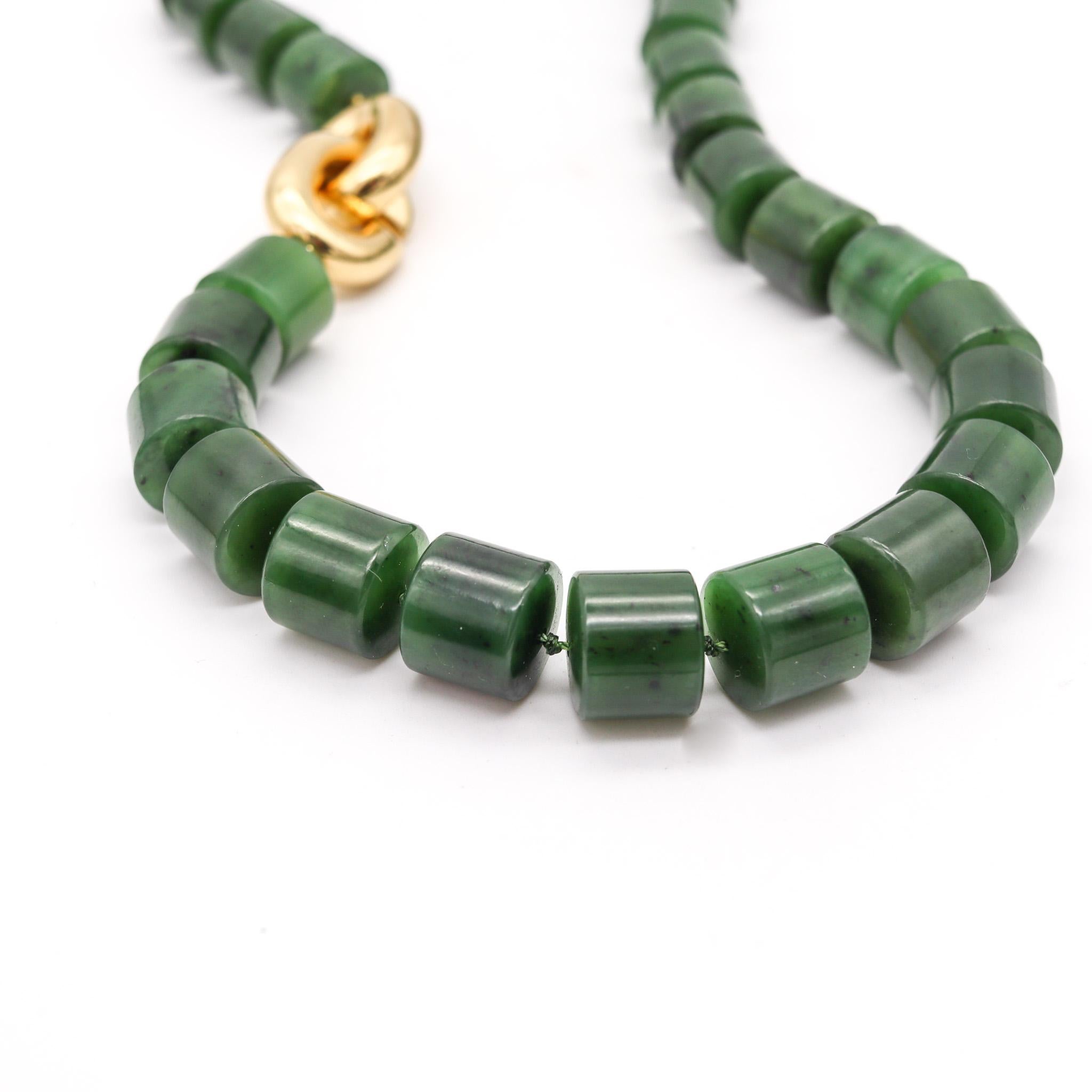 Nephrite green jade necklace designed by Angela Cummings.

A very rare modernist piece, created in New York city by Angela Cummings, back in the 1993. This elegant necklace is composed by multiples elements carved of green jade, mounted in a strand